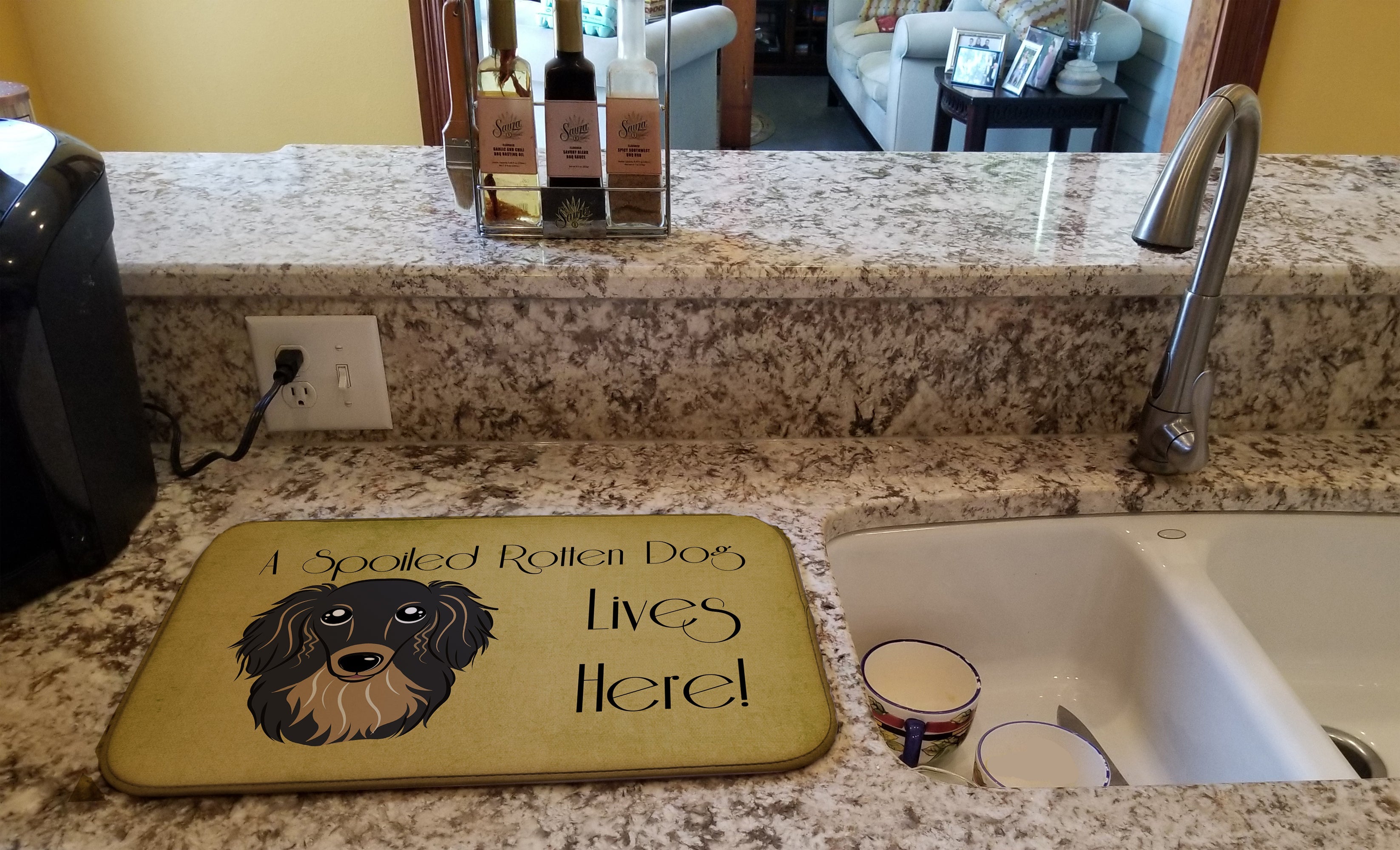 Longhair Black and Tan Dachshund Spoiled Dog Lives Here Dish Drying Mat Absorbent Dish Drying Mat Pad for Kitchen Counter Dish Drainer Mat for Countertop, 14 x 21", Multicolor