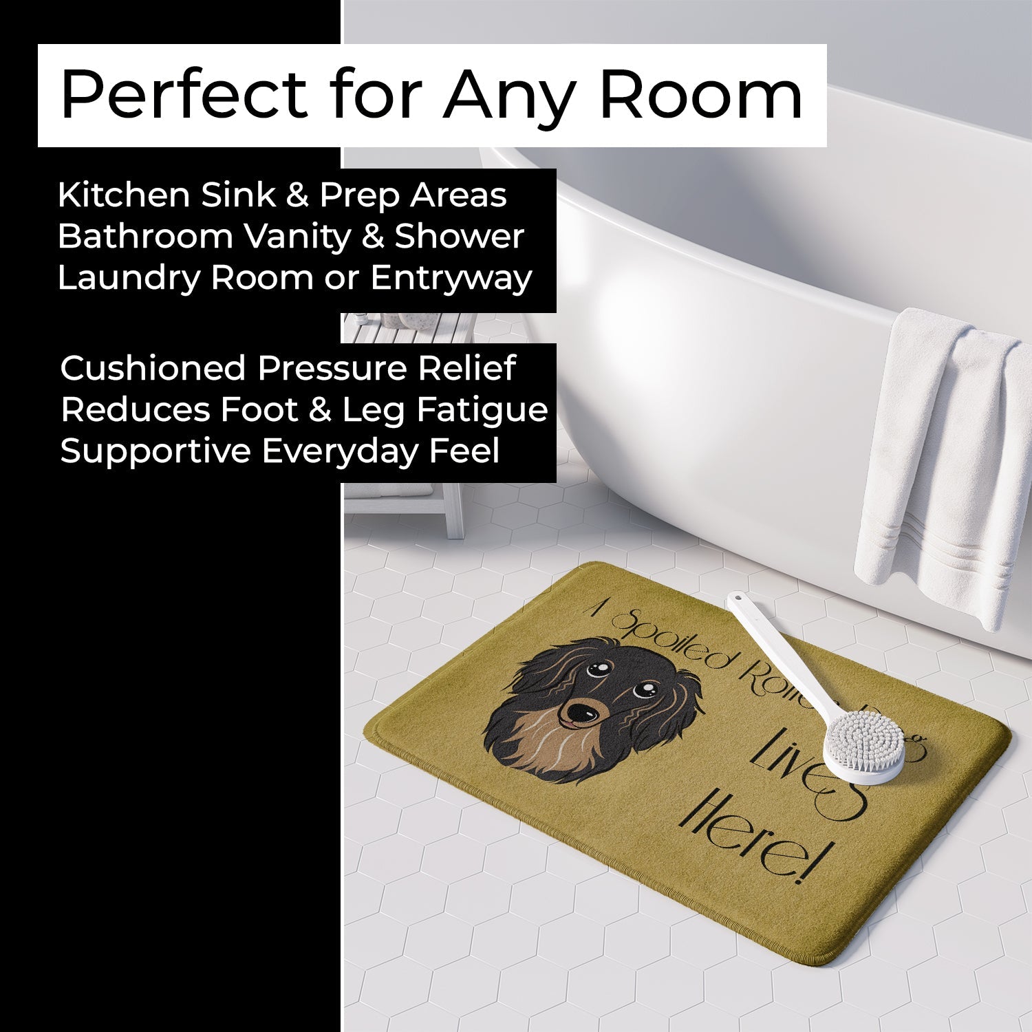 Longhair Black and Tan Dachshund Spoiled Dog Lives Here Memory Foam Kitchen Mat Machine Washable Anti-Fatigue Cushion Comfort Bath or Kitchen Rug