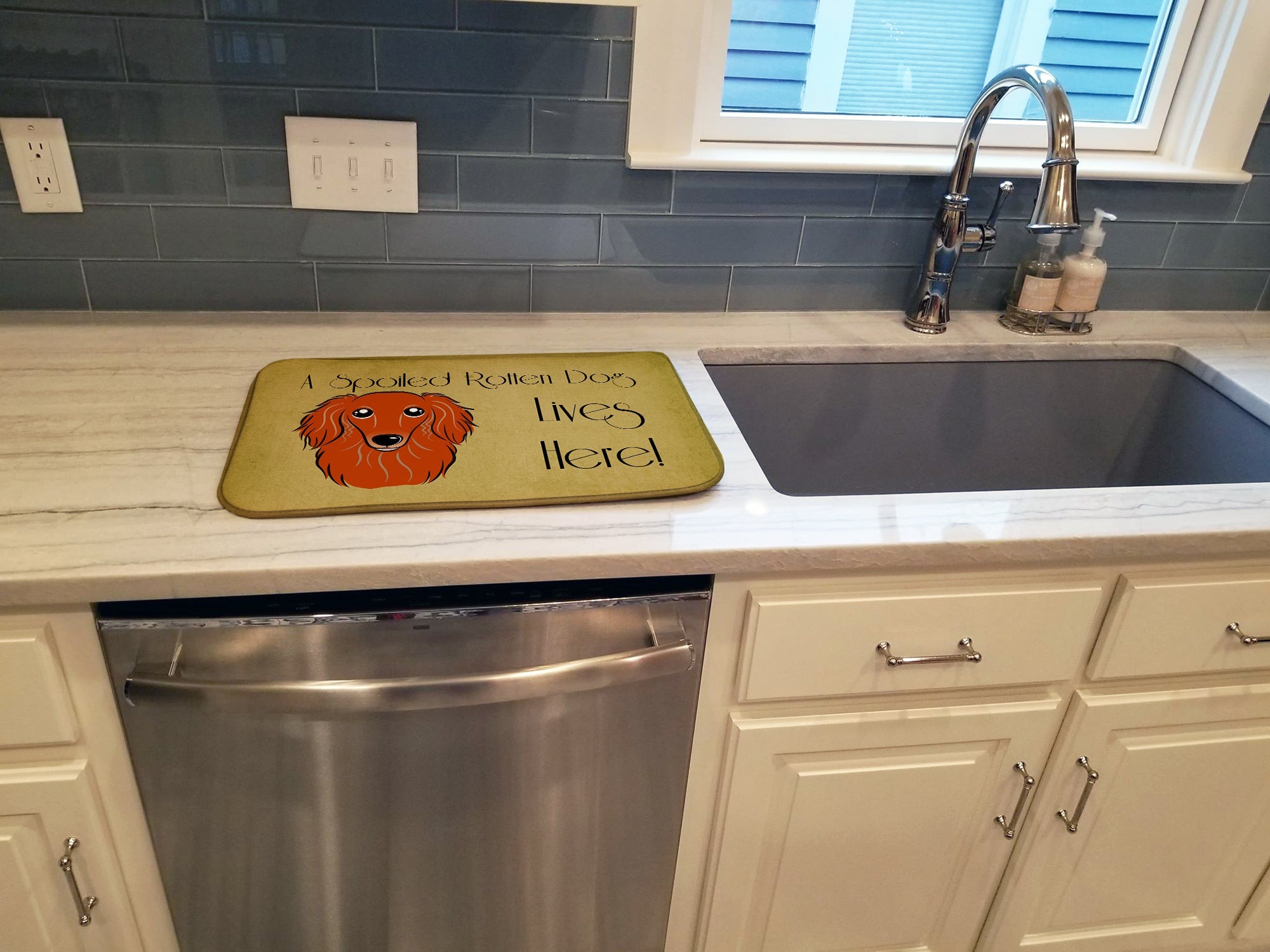 Longhair Red Dachshund Spoiled Dog Lives Here Dish Drying Mat Absorbent Dish Drying Mat Pad for Kitchen Counter Dish Drainer Mat for Countertop, 14 x 21", Multicolor