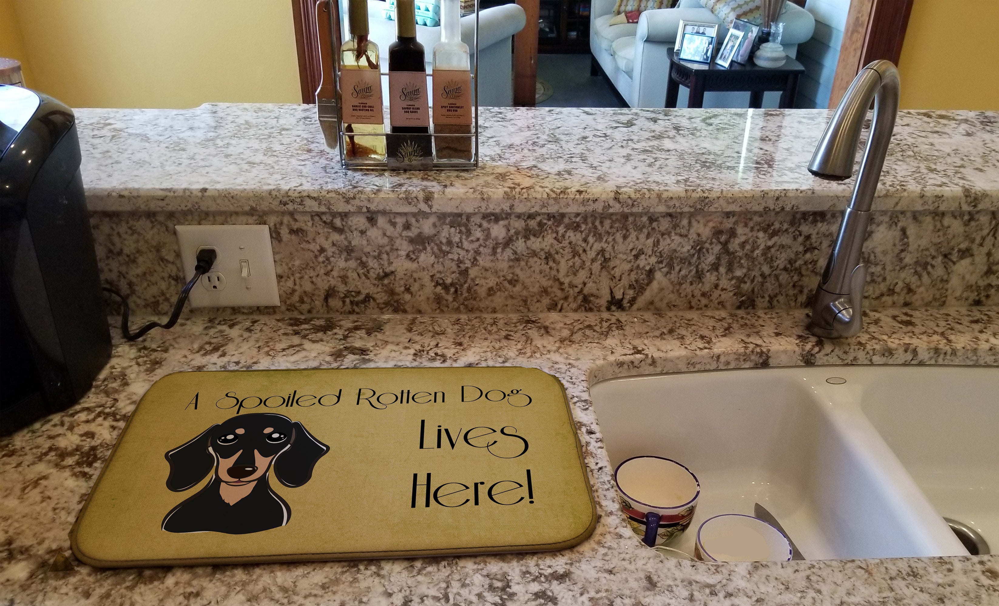 Smooth Black and Tan Dachshund Spoiled Dog Lives Here Dish Drying Mat Absorbent Dish Drying Mat Pad for Kitchen Counter Dish Drainer Mat for Countertop, 14 x 21", Multicolor