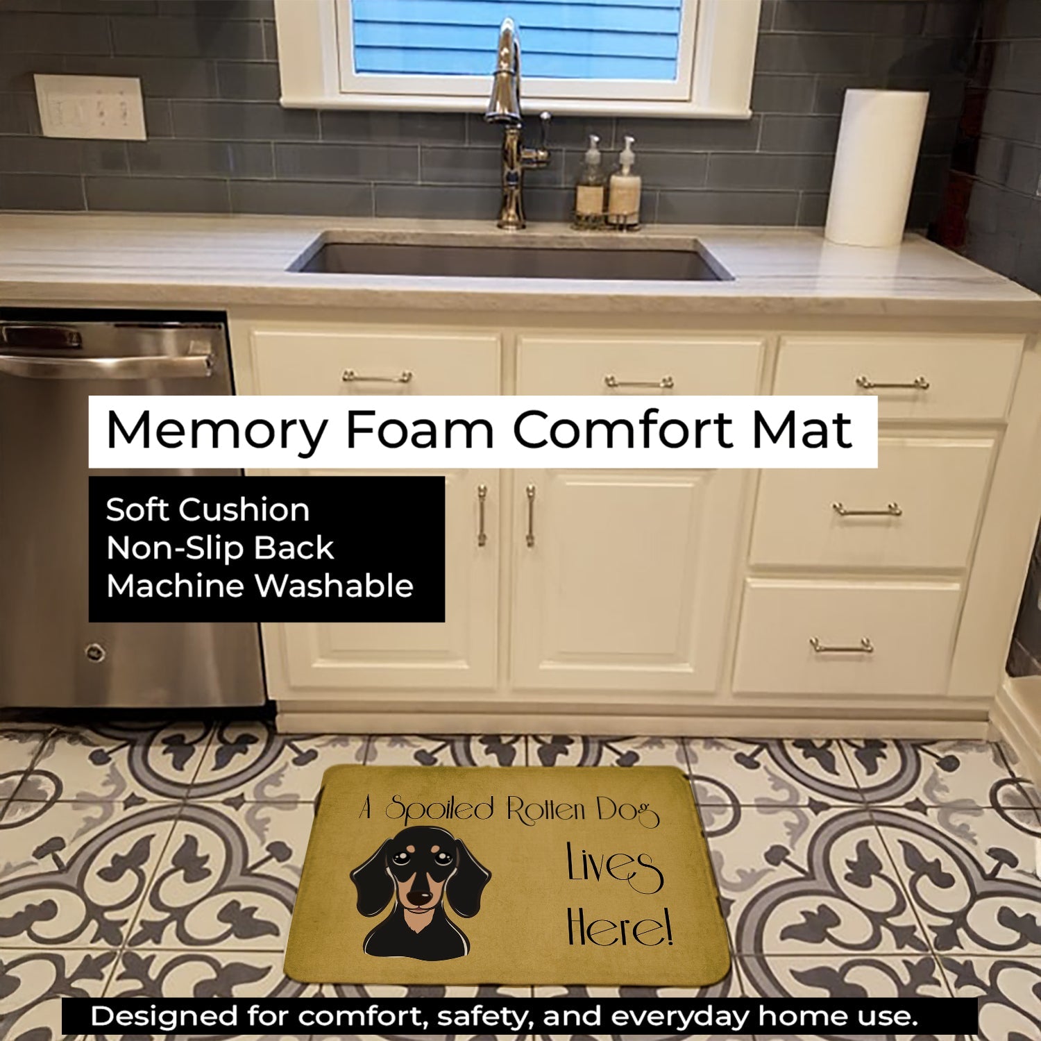 Smooth Black and Tan Dachshund Spoiled Dog Lives Here Memory Foam Kitchen Mat Machine Washable Anti-Fatigue Cushion Comfort Bath or Kitchen Rug