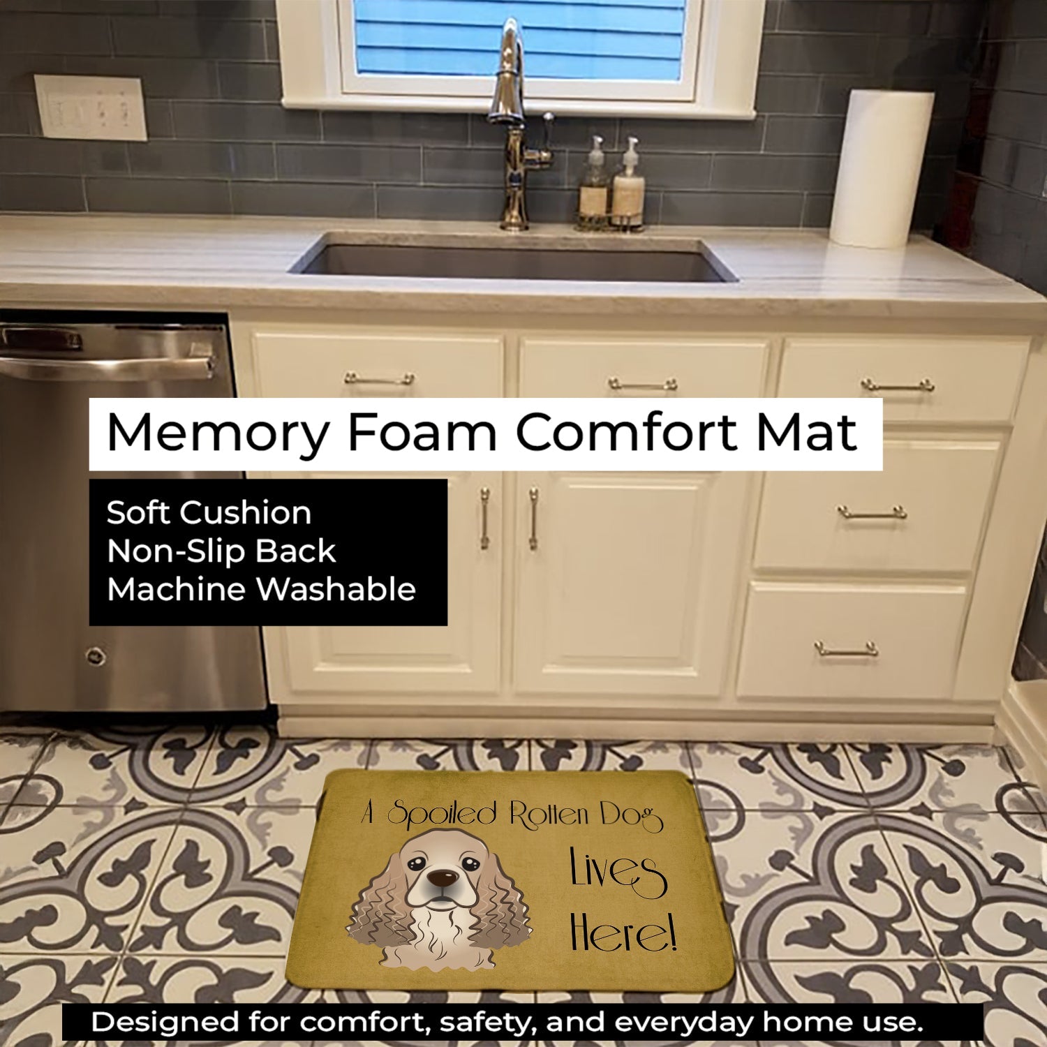 Cocker Spaniel Spoiled Dog Lives Here Memory Foam Kitchen Mat Machine Washable Anti-Fatigue Cushion Comfort Bath or Kitchen Rug