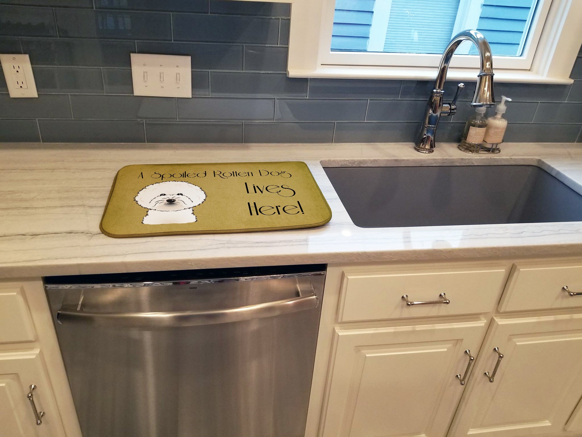 Bichon Frise Spoiled Dog Lives Here Dish Drying Mat Absorbent Dish Drying Mat Pad for Kitchen Counter Dish Drainer Mat for Countertop, 14 x 21", Multicolor