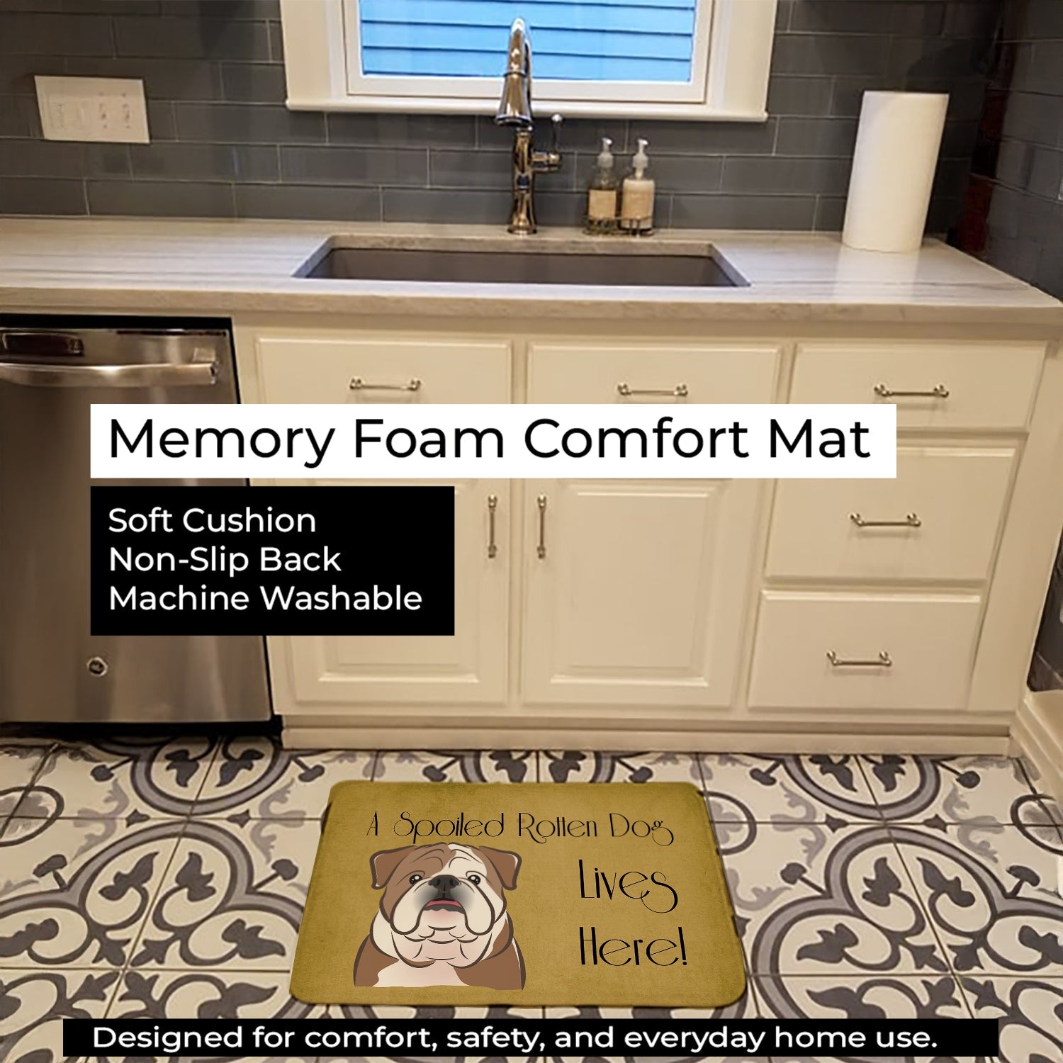 English Bulldog  Spoiled Dog Lives Here Memory Foam Kitchen Mat Machine Washable Anti-Fatigue Cushion Comfort Bath or Kitchen Rug