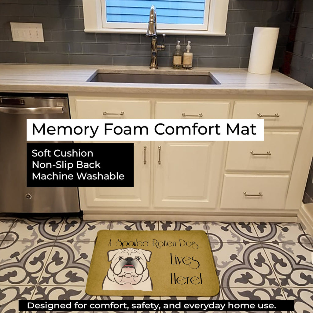 White English Bulldog  Spoiled Dog Lives Here Memory Foam Kitchen Mat Machine Washable Anti-Fatigue Cushion Comfort Bath or Kitchen Rug