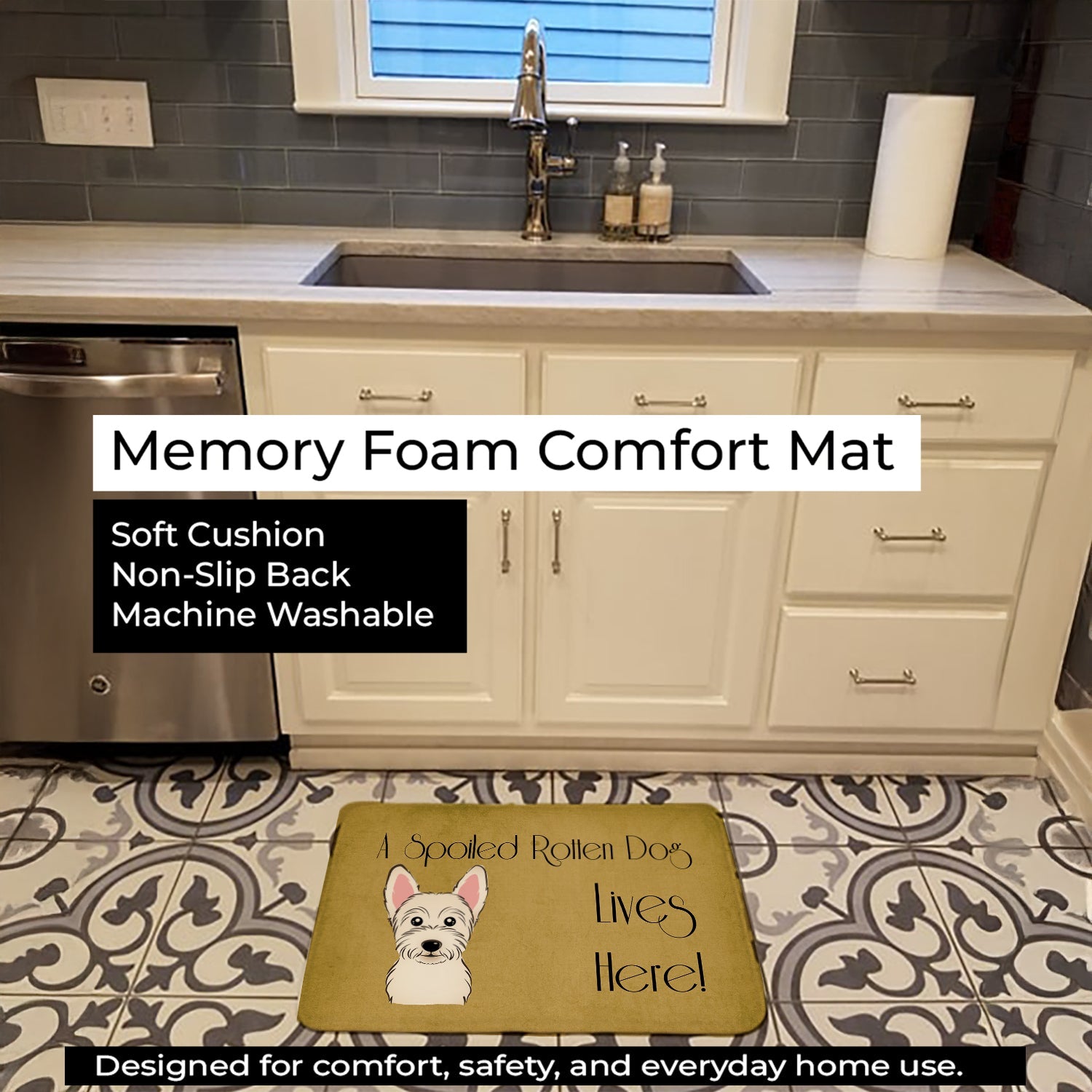 Westie Spoiled Dog Lives Here Memory Foam Kitchen Mat Machine Washable Anti-Fatigue Cushion Comfort Bath or Kitchen Rug