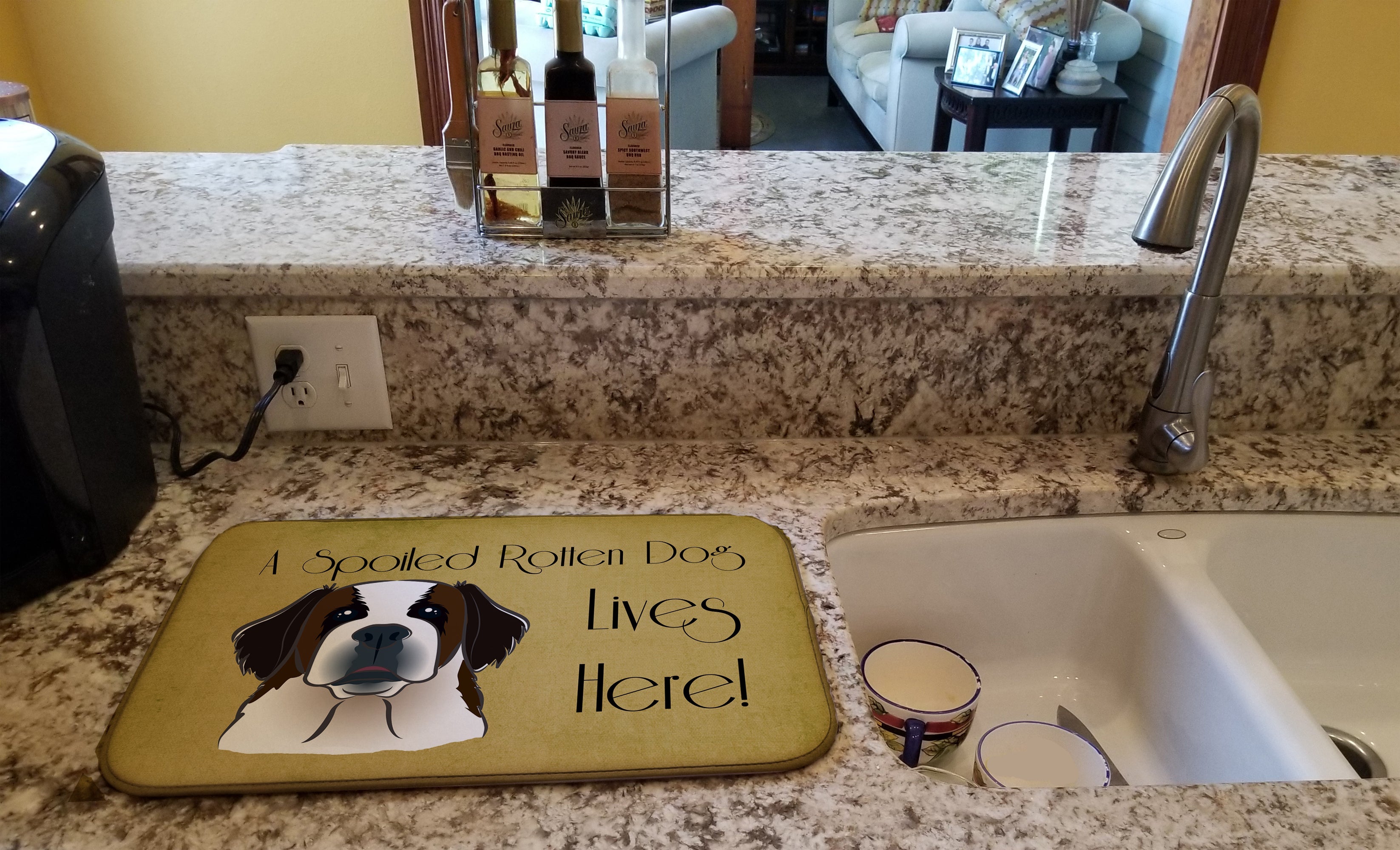 Saint Bernard Spoiled Dog Lives Here Dish Drying Mat Absorbent Dish Drying Mat Pad for Kitchen Counter Dish Drainer Mat for Countertop, 14 x 21", Multicolor