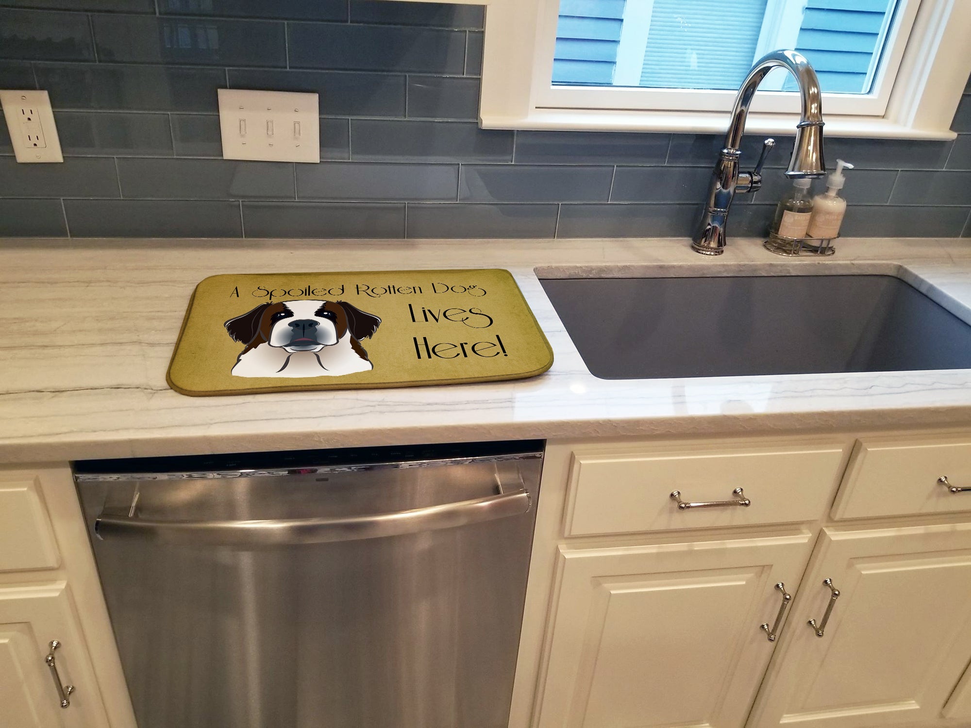 Saint Bernard Spoiled Dog Lives Here Dish Drying Mat Absorbent Dish Drying Mat Pad for Kitchen Counter Dish Drainer Mat for Countertop, 14 x 21", Multicolor