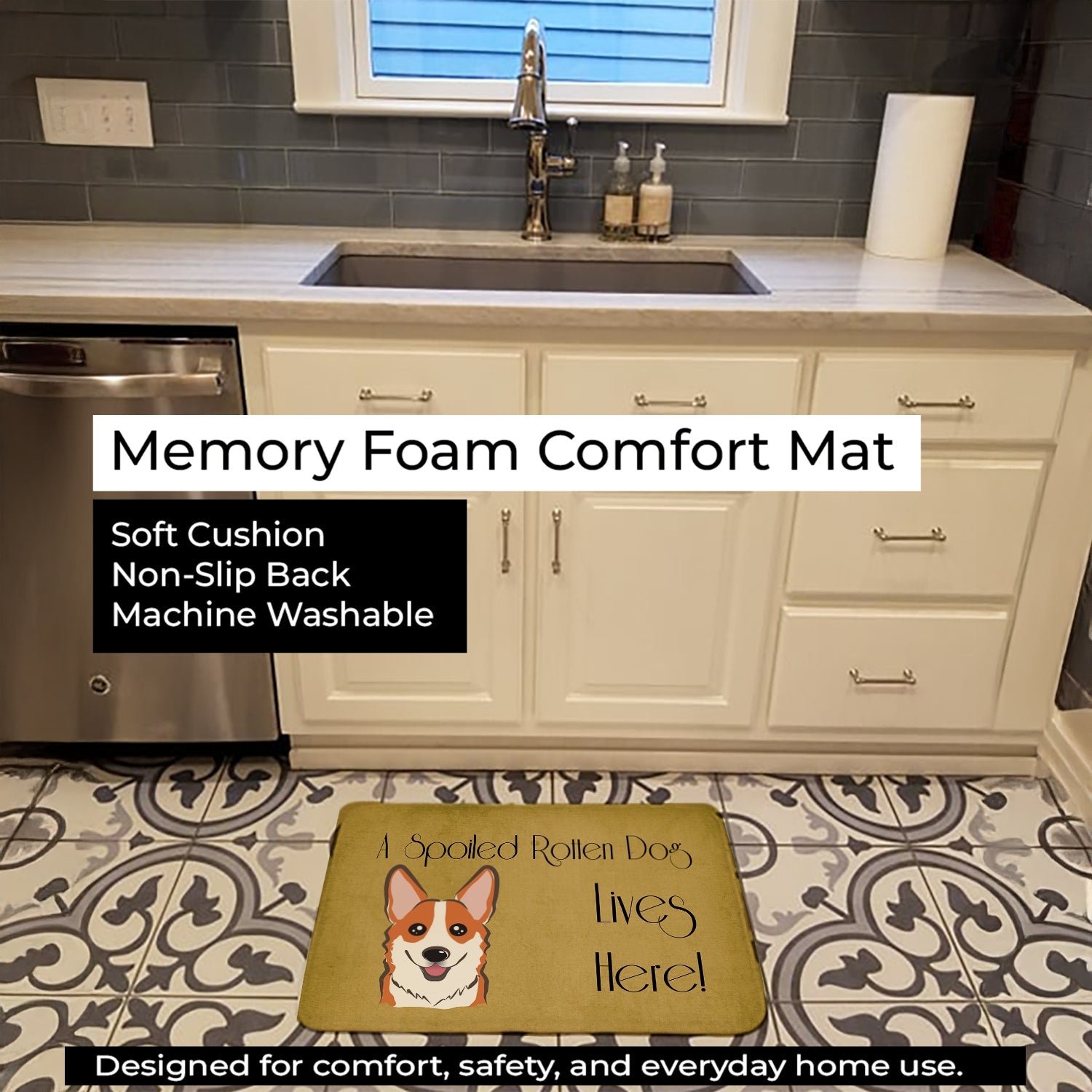 Red Corgi Spoiled Dog Lives Here Memory Foam Kitchen Mat Machine Washable Anti-Fatigue Cushion Comfort Bath or Kitchen Rug