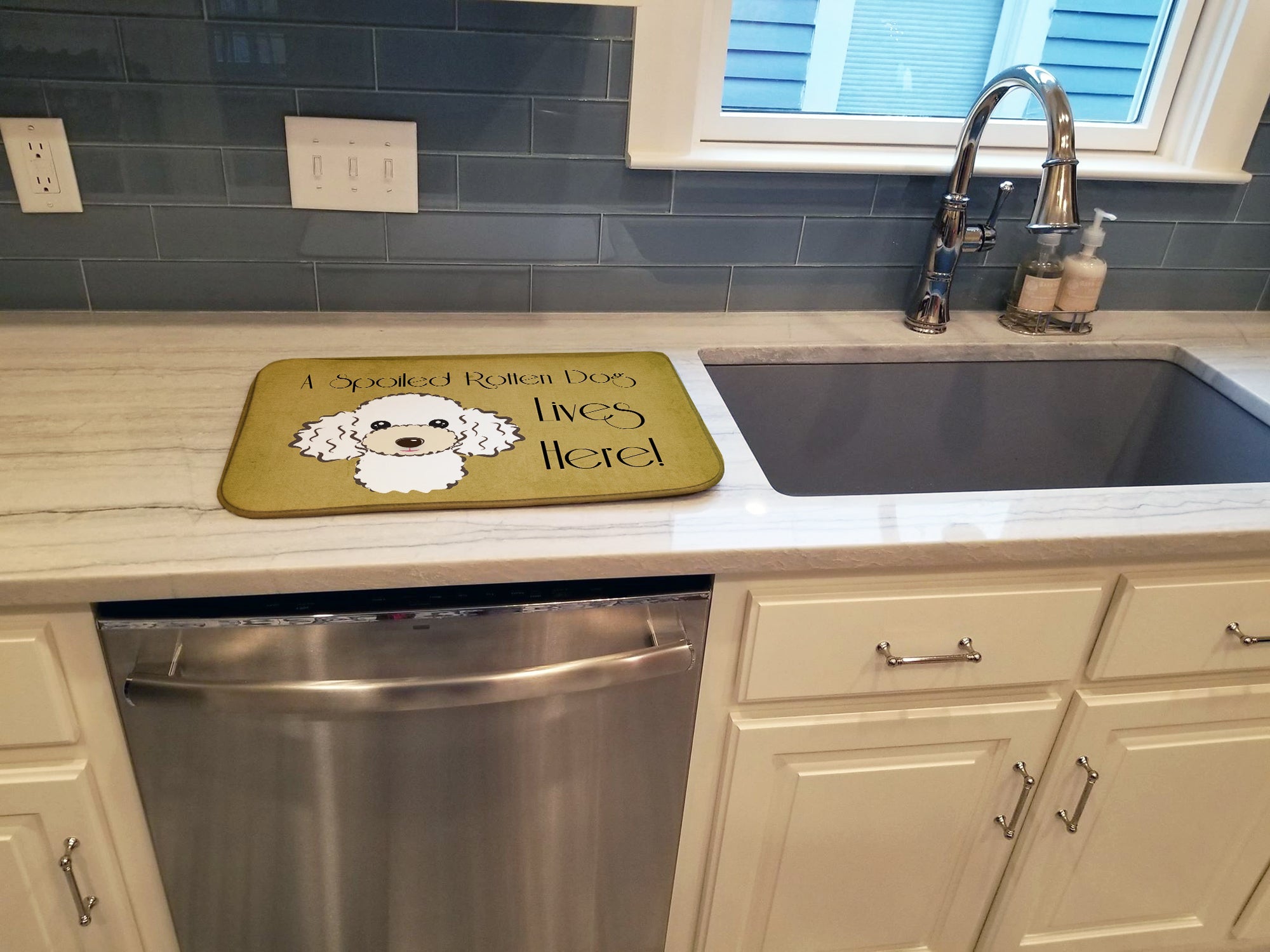 White Poodle Spoiled Dog Lives Here Dish Drying Mat Absorbent Dish Drying Mat Pad for Kitchen Counter Dish Drainer Mat for Countertop, 14 x 21", Multicolor