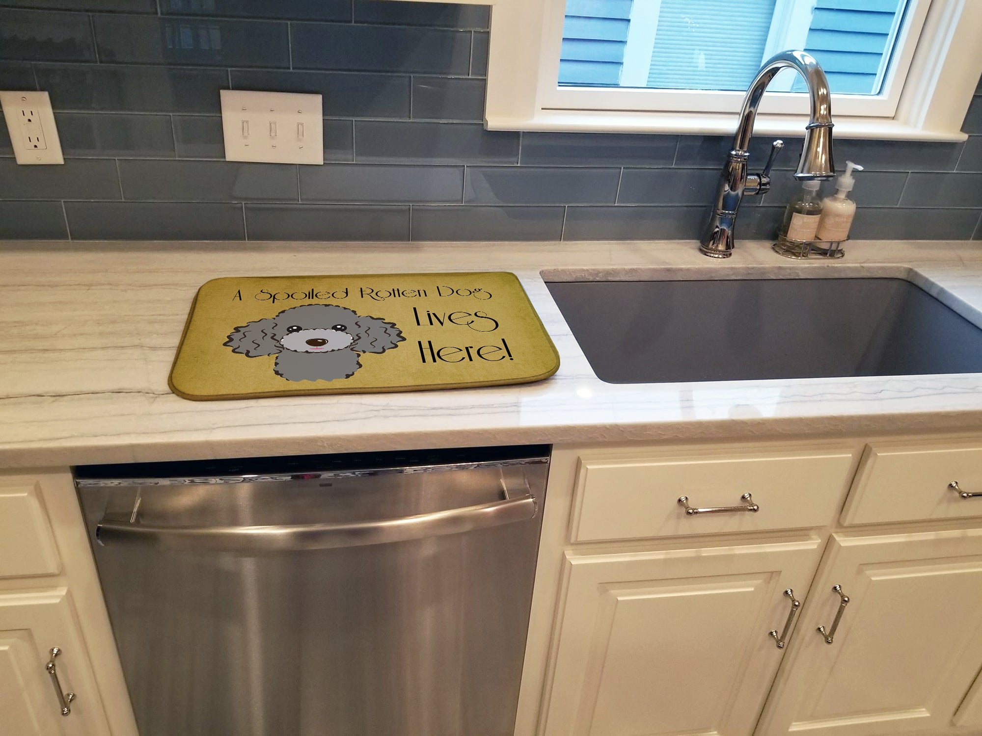 Silver Gray Poodle Spoiled Dog Lives Here Dish Drying Mat Absorbent Dish Drying Mat Pad for Kitchen Counter Dish Drainer Mat for Countertop, 14 x 21", Multicolor