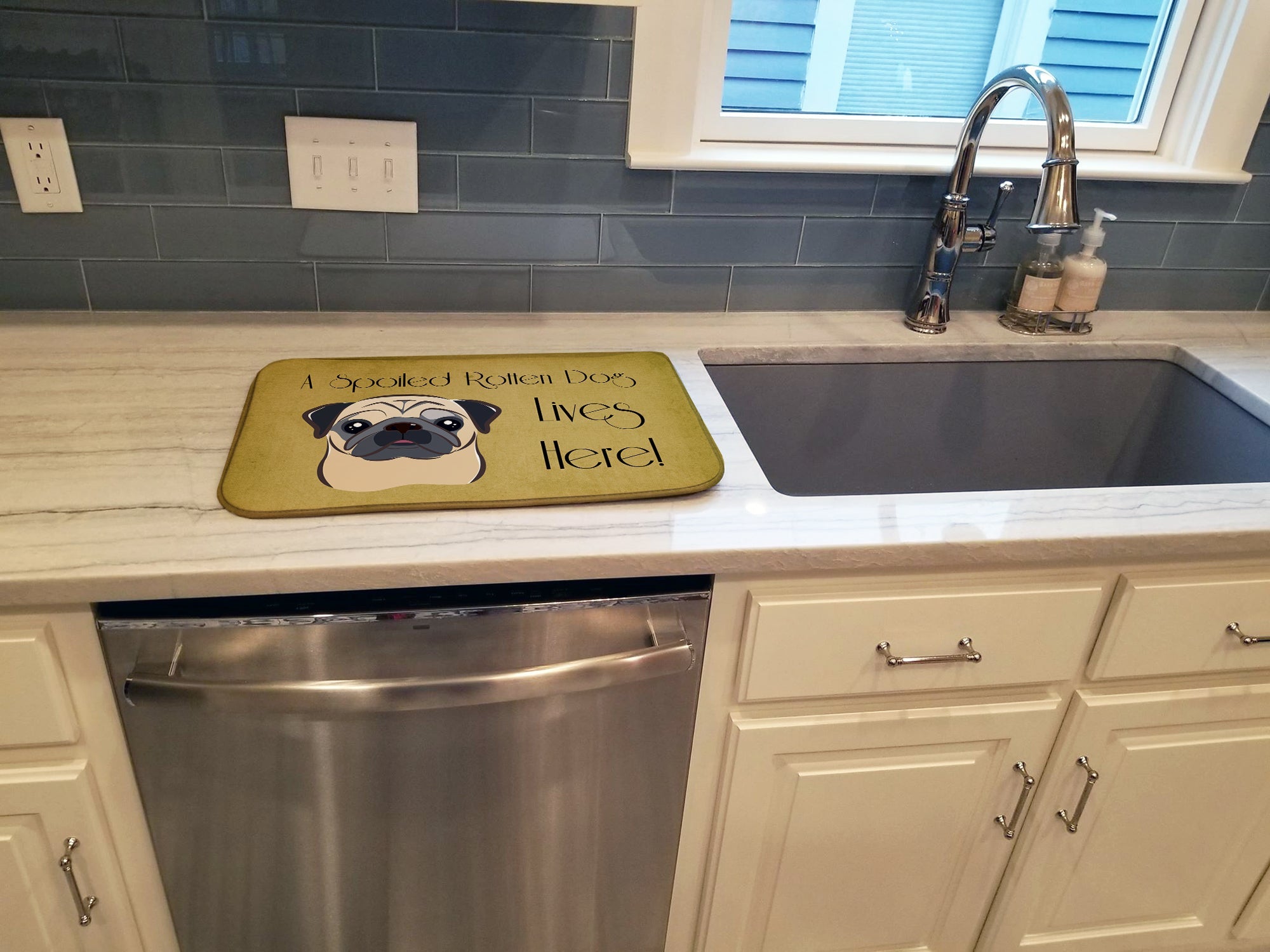 Fawn Pug Spoiled Dog Lives Here Dish Drying Mat Absorbent Dish Drying Mat Pad for Kitchen Counter Dish Drainer Mat for Countertop, 14 x 21", Multicolor