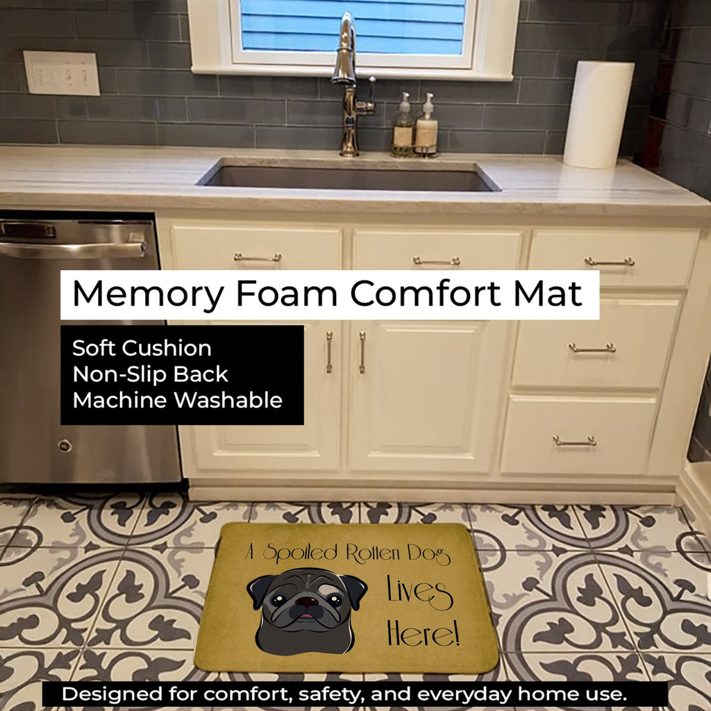 Black Pug Spoiled Dog Lives Here Memory Foam Kitchen Mat Machine Washable Anti-Fatigue Cushion Comfort Bath or Kitchen Rug