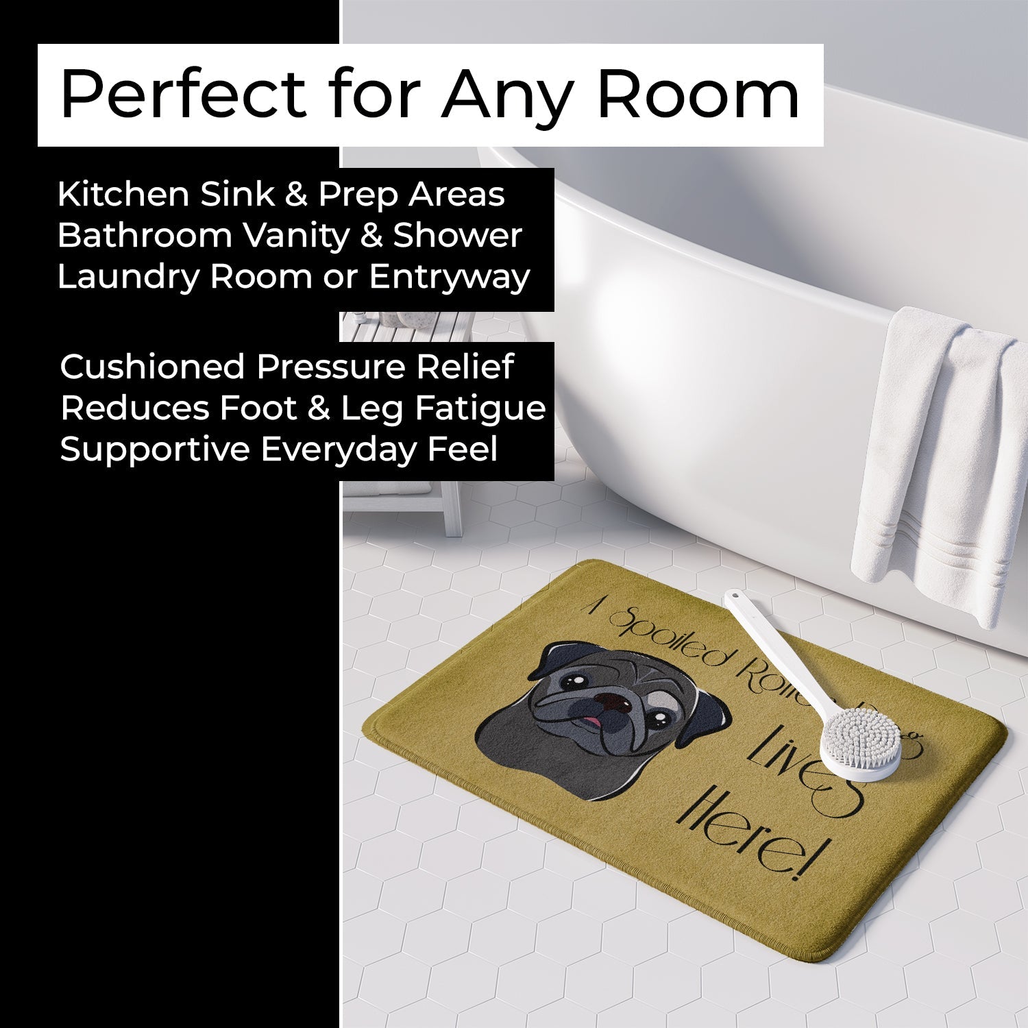 Black Pug Spoiled Dog Lives Here Memory Foam Kitchen Mat Machine Washable Anti-Fatigue Cushion Comfort Bath or Kitchen Rug