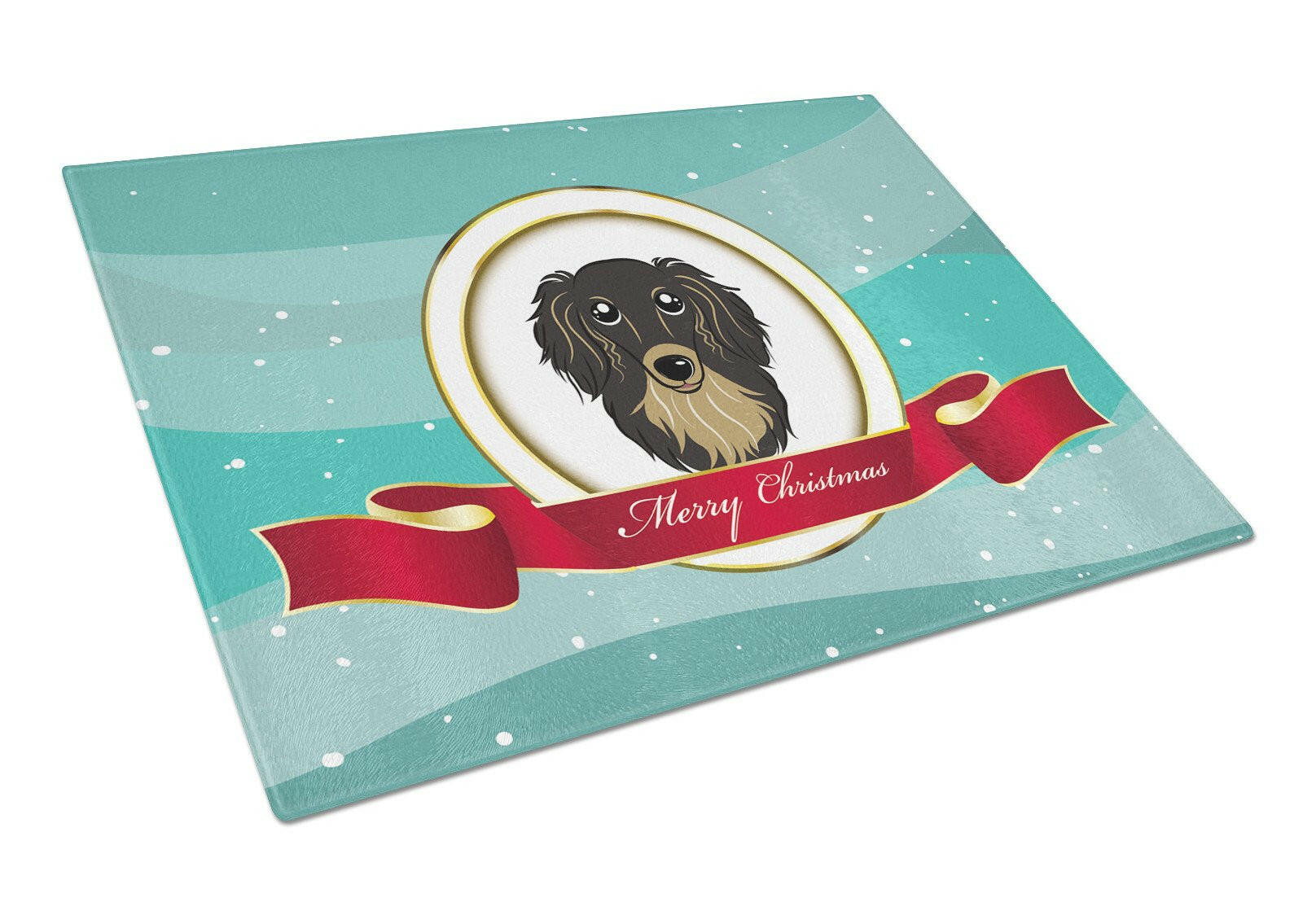Longhair Black and Tan Dachshund Merry Christmas Cutting Board Tempered Glass Kitchen Cutting Surface, Heat Resistant Chopping, Non-Slip Feet, Food Prep & Serving