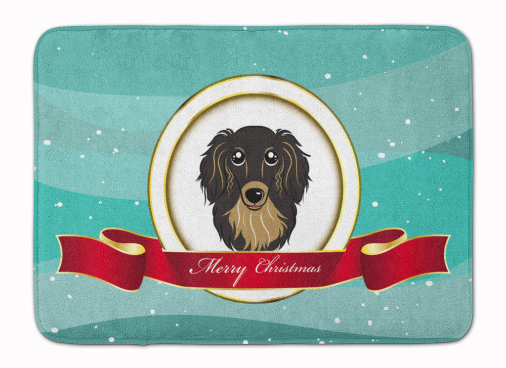 Longhair Black and Tan Dachshund Merry Christmas Memory Foam Kitchen Mat Machine Washable Anti-Fatigue Cushion Comfort Bath or Kitchen Rug