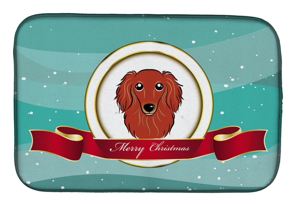 Longhair Red Dachshund Merry Christmas Dish Drying Mat Absorbent Dish Drying Mat Pad for Kitchen Counter Dish Drainer Mat for Countertop, 14 x 21", Multicolor