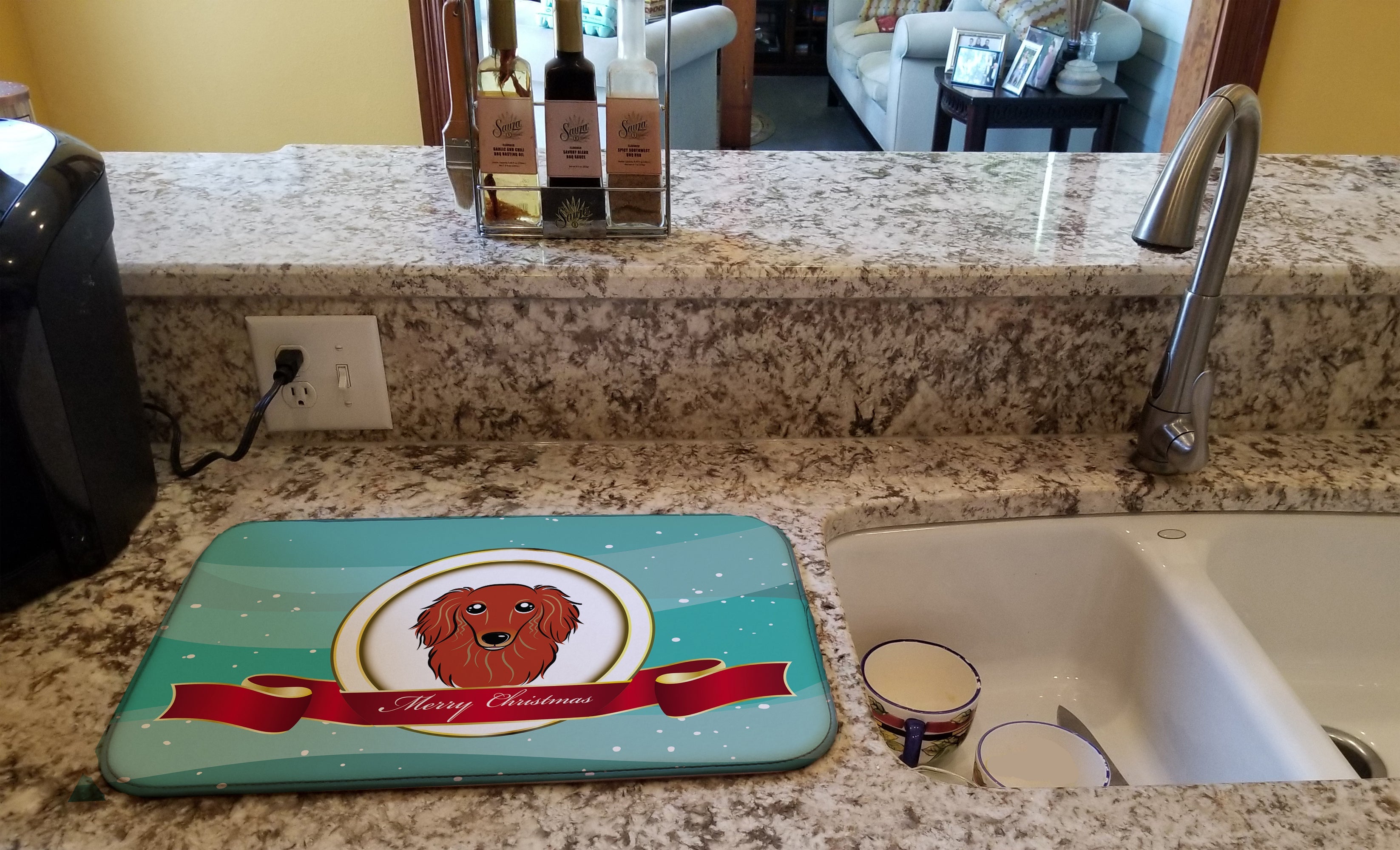 Longhair Red Dachshund Merry Christmas Dish Drying Mat Absorbent Dish Drying Mat Pad for Kitchen Counter Dish Drainer Mat for Countertop, 14 x 21", Multicolor