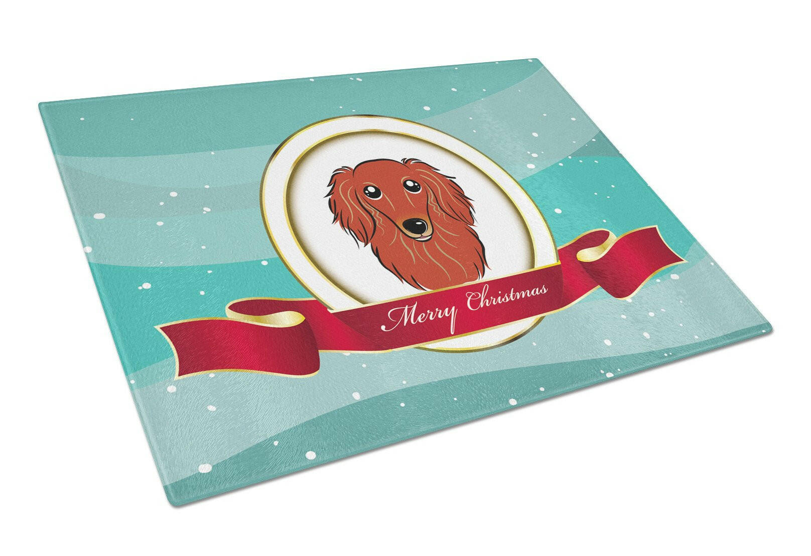 Longhair Red Dachshund Merry Christmas Cutting Board Tempered Glass Kitchen Cutting Surface, Heat Resistant Chopping, Non-Slip Feet, Food Prep & Serving