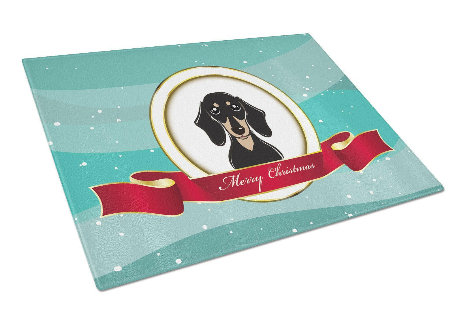 Smooth Black and Tan Dachshund Merry Christmas Cutting Board Tempered Glass Kitchen Cutting Surface, Heat Resistant Chopping, Non-Slip Feet, Food Prep & Serving