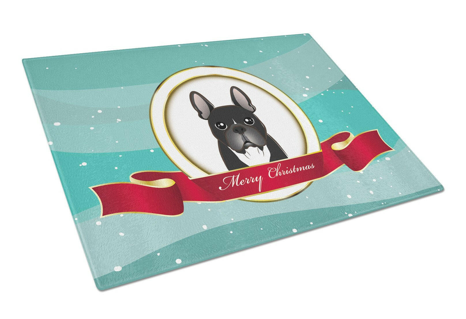 French Bulldog Merry Christmas Cutting Board Tempered Glass Kitchen Cutting Surface, Heat Resistant Chopping, Non-Slip Feet, Food Prep & Serving