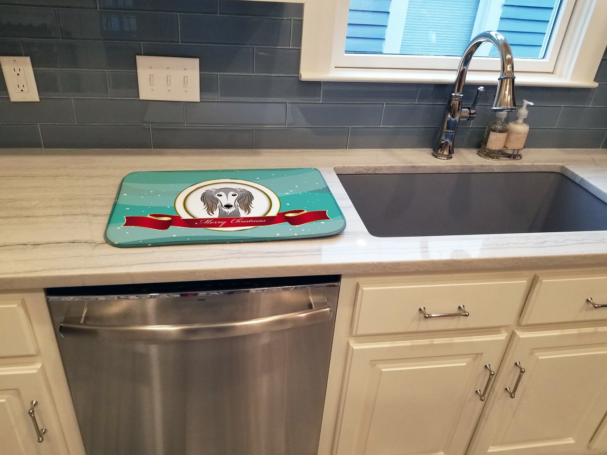 Saluki Merry Christmas Dish Drying Mat Absorbent Dish Drying Mat Pad for Kitchen Counter Dish Drainer Mat for Countertop, 14 x 21", Multicolor