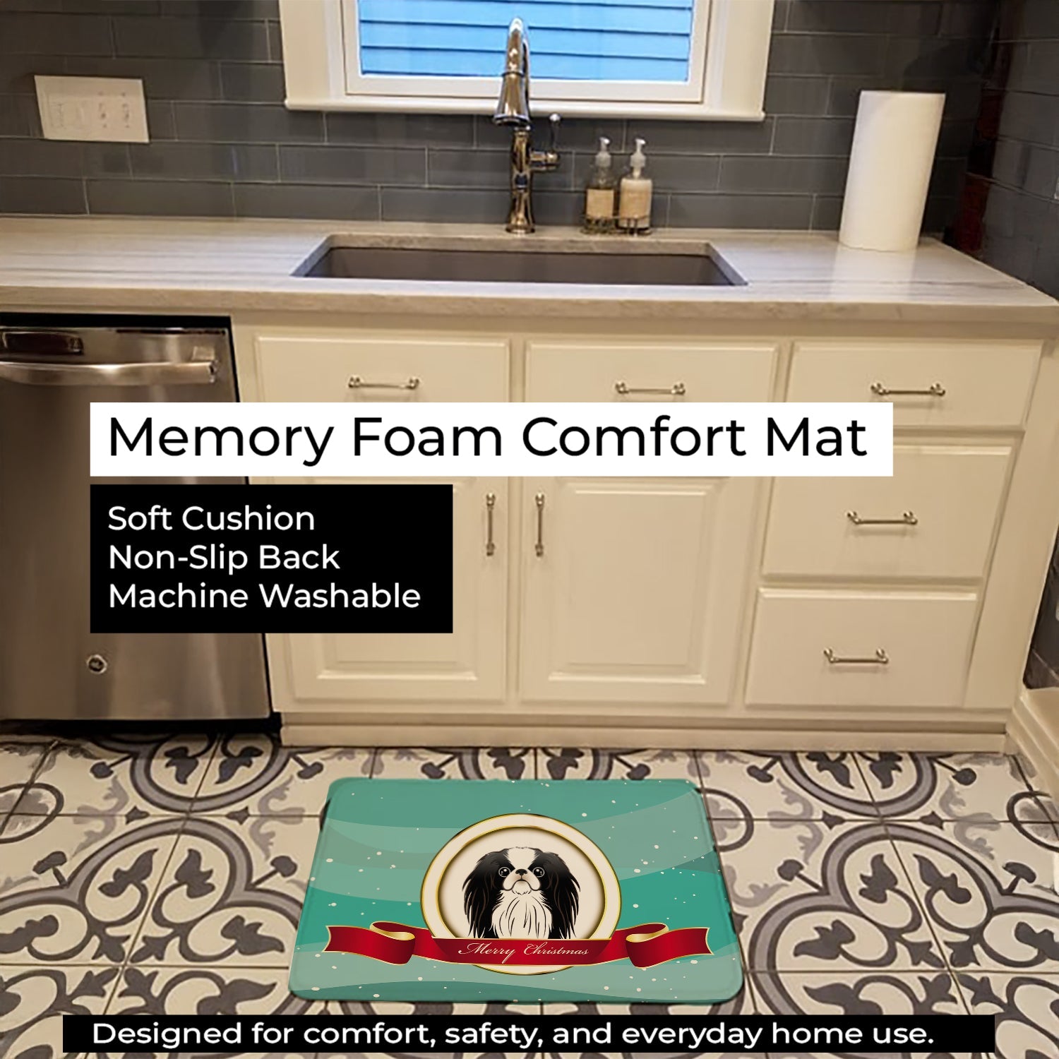 Japanese Chin Merry Christmas Memory Foam Kitchen Mat Machine Washable Anti-Fatigue Cushion Comfort Bath or Kitchen Rug