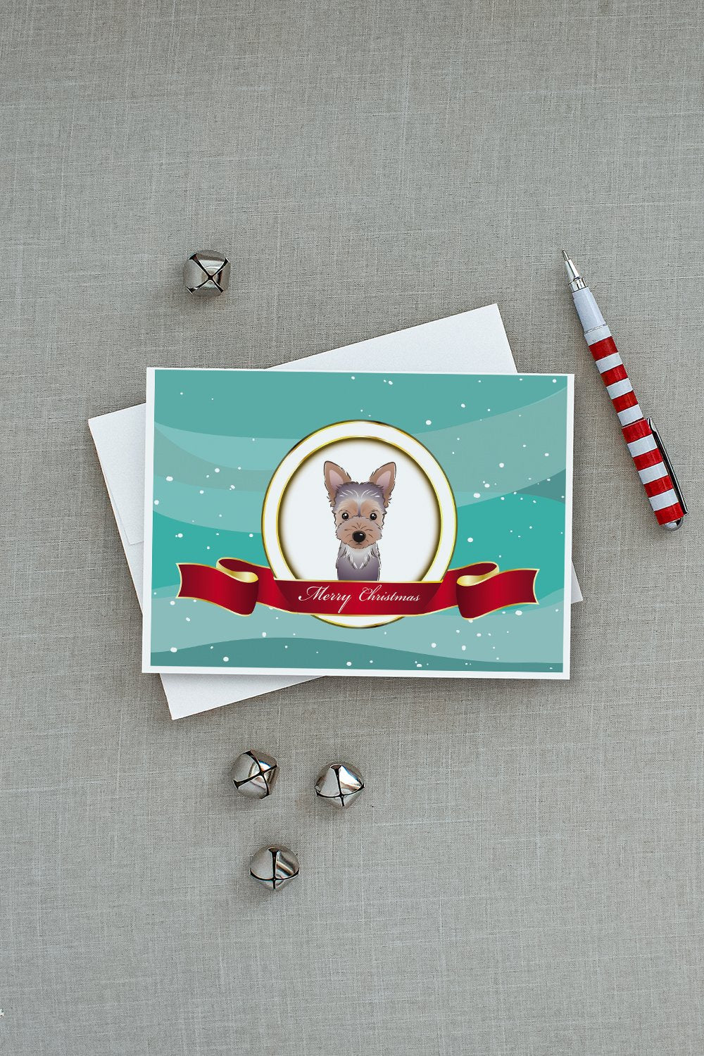 Yorkie Puppy Merry Christmas Greeting Cards Pack of 8 Blank Cards with Envelopes Whimsical A7 Size 5x7
