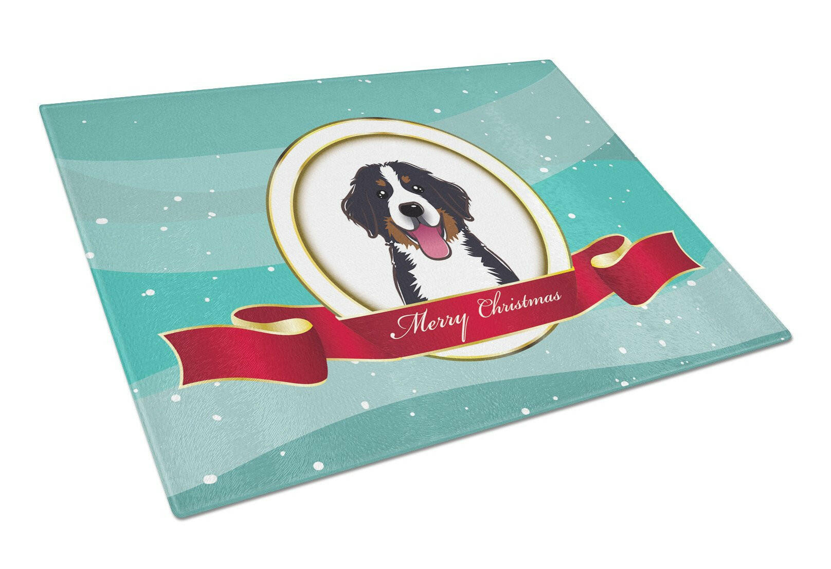 Bernese Mountain Dog Merry Christmas Cutting Board Tempered Glass Kitchen Cutting Surface, Heat Resistant Chopping, Non-Slip Feet, Food Prep & Serving