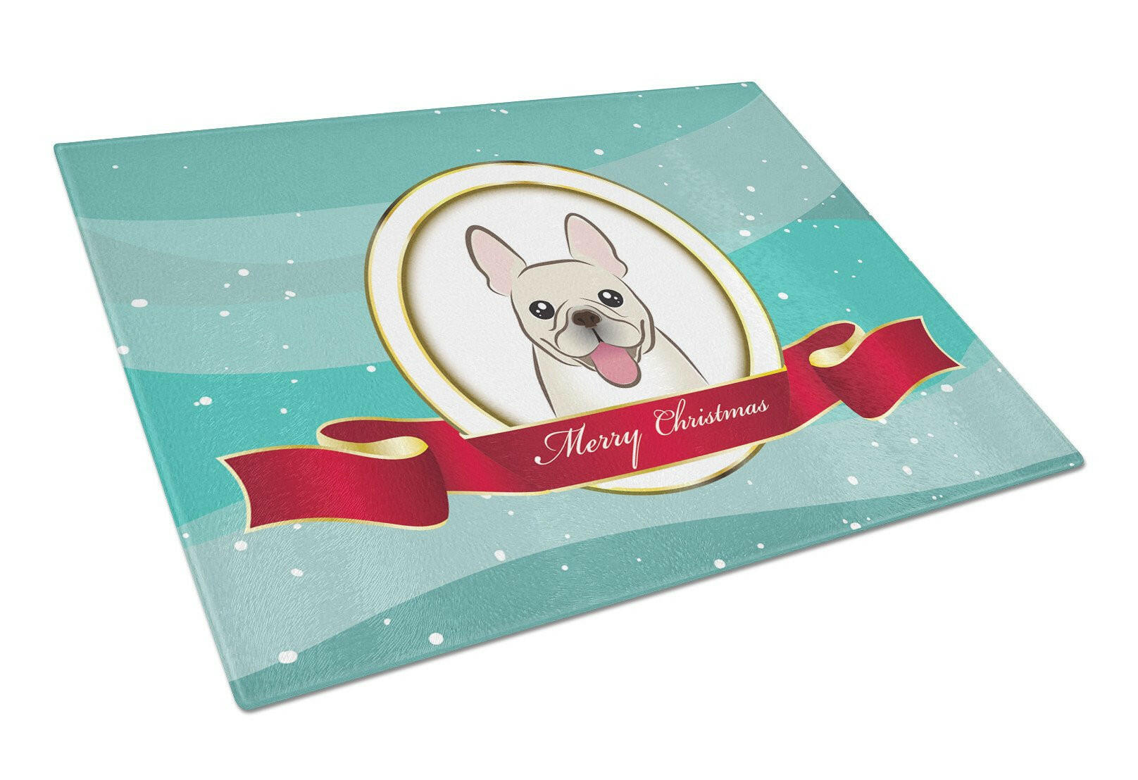French Bulldog Merry Christmas Cutting Board Tempered Glass Kitchen Cutting Surface, Heat Resistant Chopping, Non-Slip Feet, Food Prep & Serving