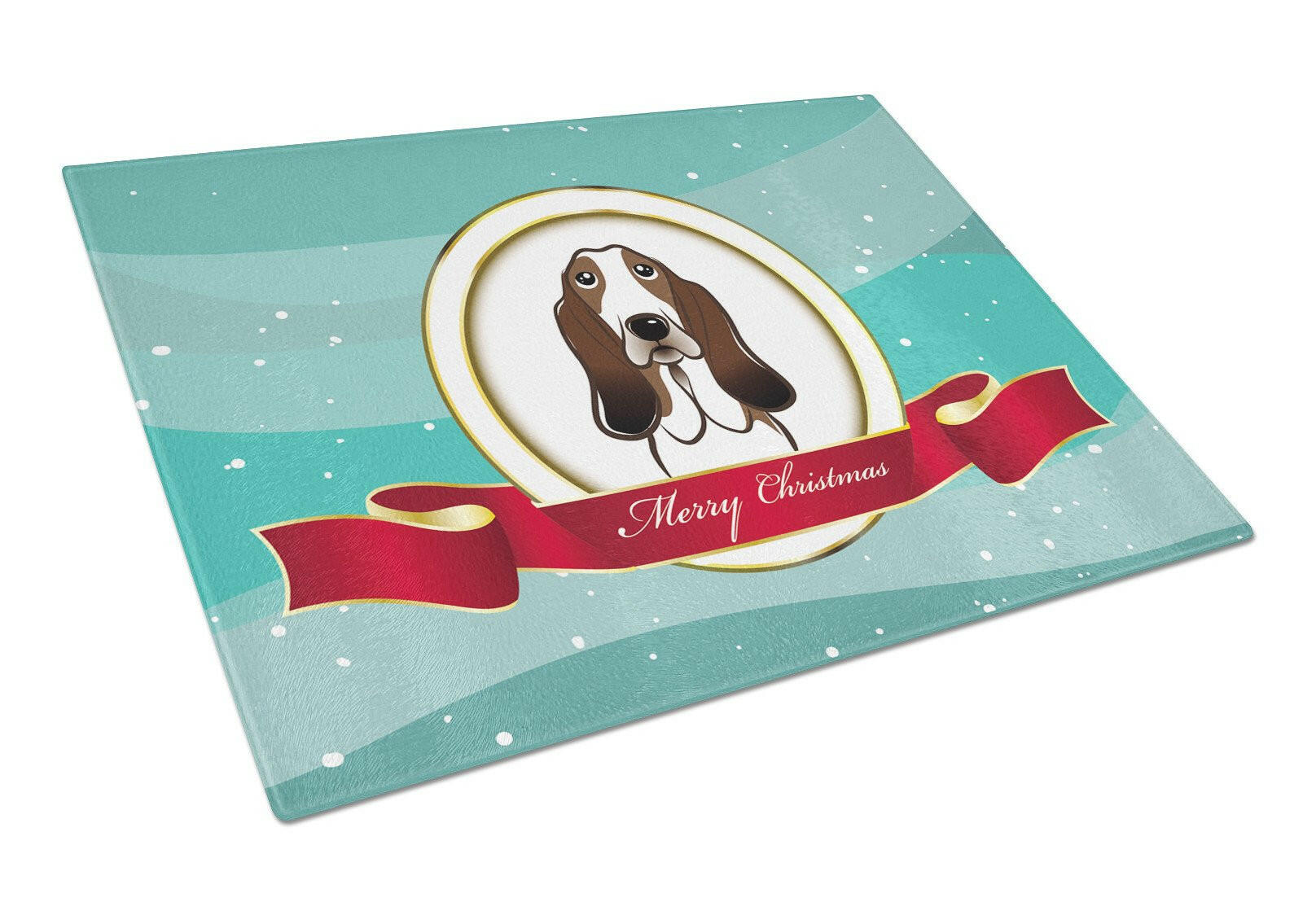 Basset Hound Merry Christmas Cutting Board Tempered Glass Kitchen Cutting Surface, Heat Resistant Chopping, Non-Slip Feet, Food Prep & Serving