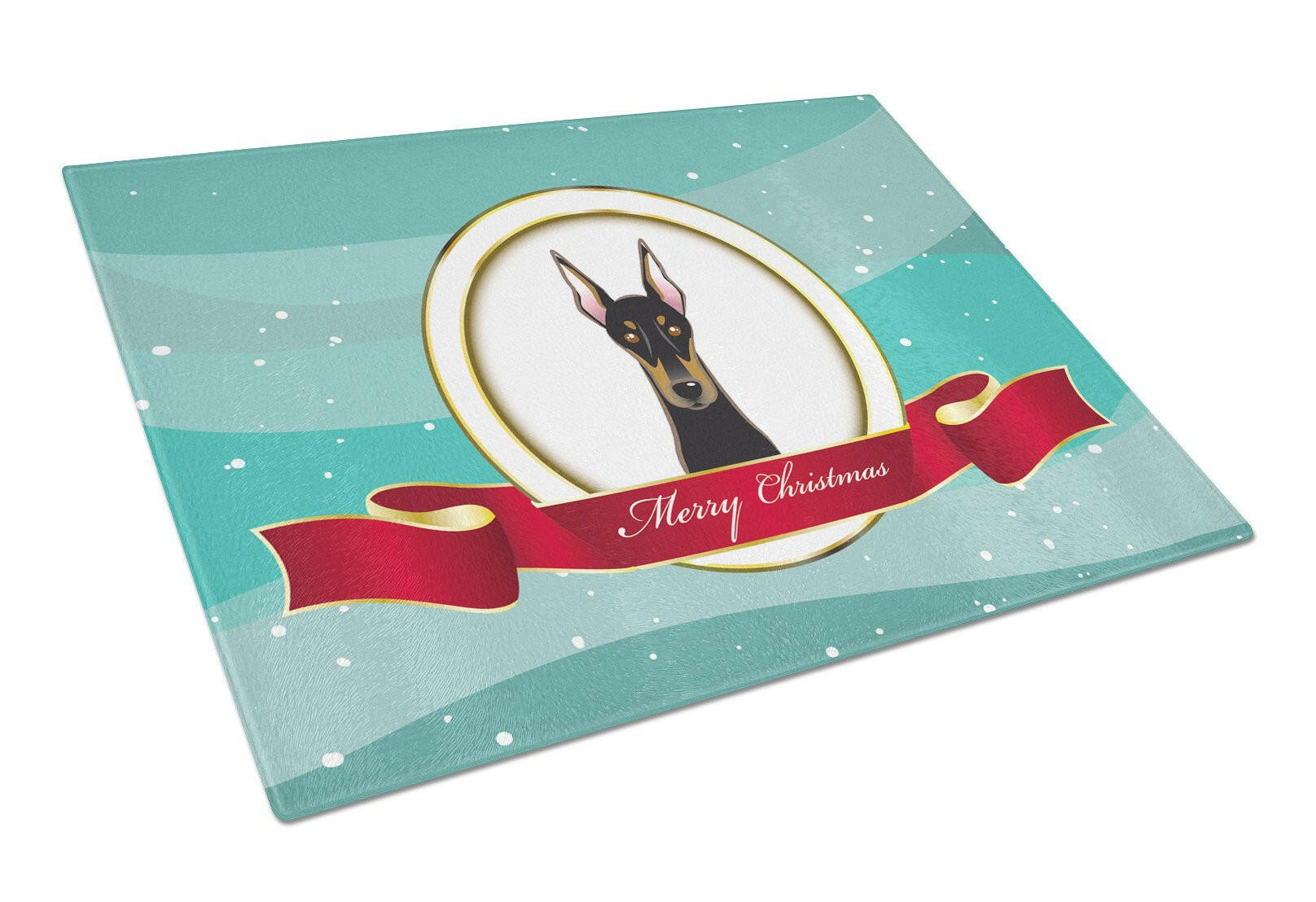 Doberman Merry Christmas Cutting Board Tempered Glass Kitchen Cutting Surface, Heat Resistant Chopping, Non-Slip Feet, Food Prep & Serving