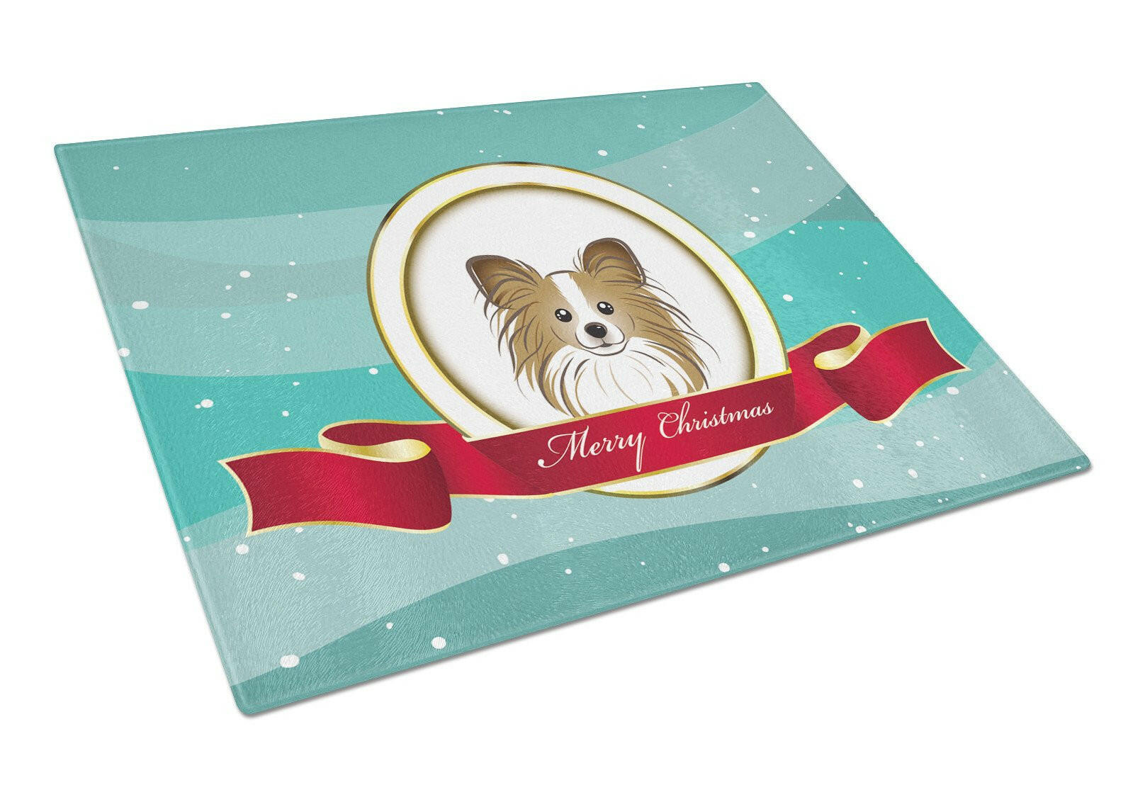 Papillon Merry Christmas Cutting Board Tempered Glass Kitchen Cutting Surface, Heat Resistant Chopping, Non-Slip Feet, Food Prep & Serving