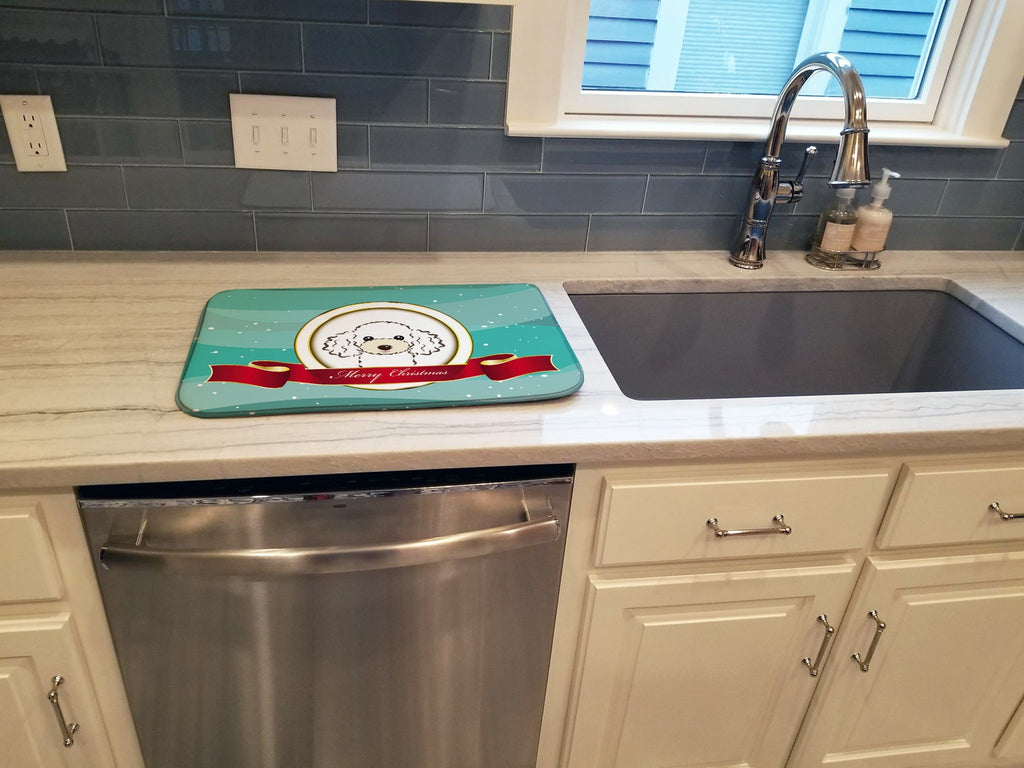 White Poodle Merry Christmas Dish Drying Mat Absorbent Dish Drying Mat Pad for Kitchen Counter Dish Drainer Mat for Countertop, 14 x 21", Multicolor