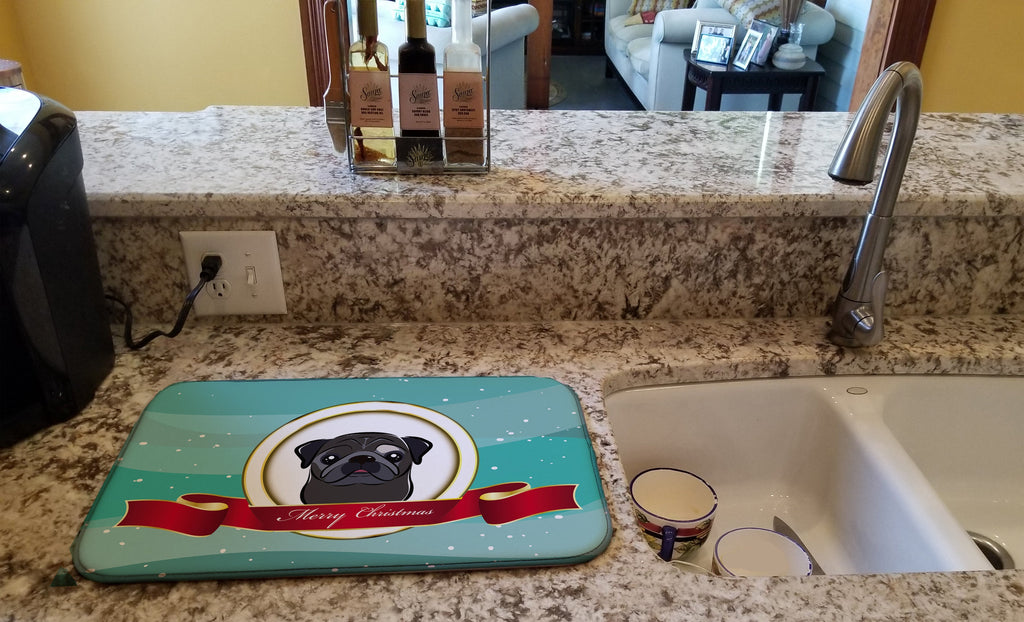 Black Pug Merry Christmas Dish Drying Mat Absorbent Dish Drying Mat Pad for Kitchen Counter Dish Drainer Mat for Countertop, 14 x 21", Multicolor