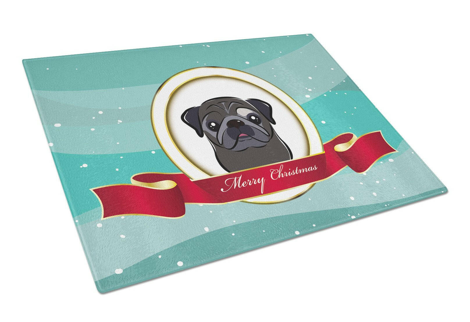 Black Pug Merry Christmas Cutting Board Tempered Glass Kitchen Cutting Surface, Heat Resistant Chopping, Non-Slip Feet, Food Prep & Serving