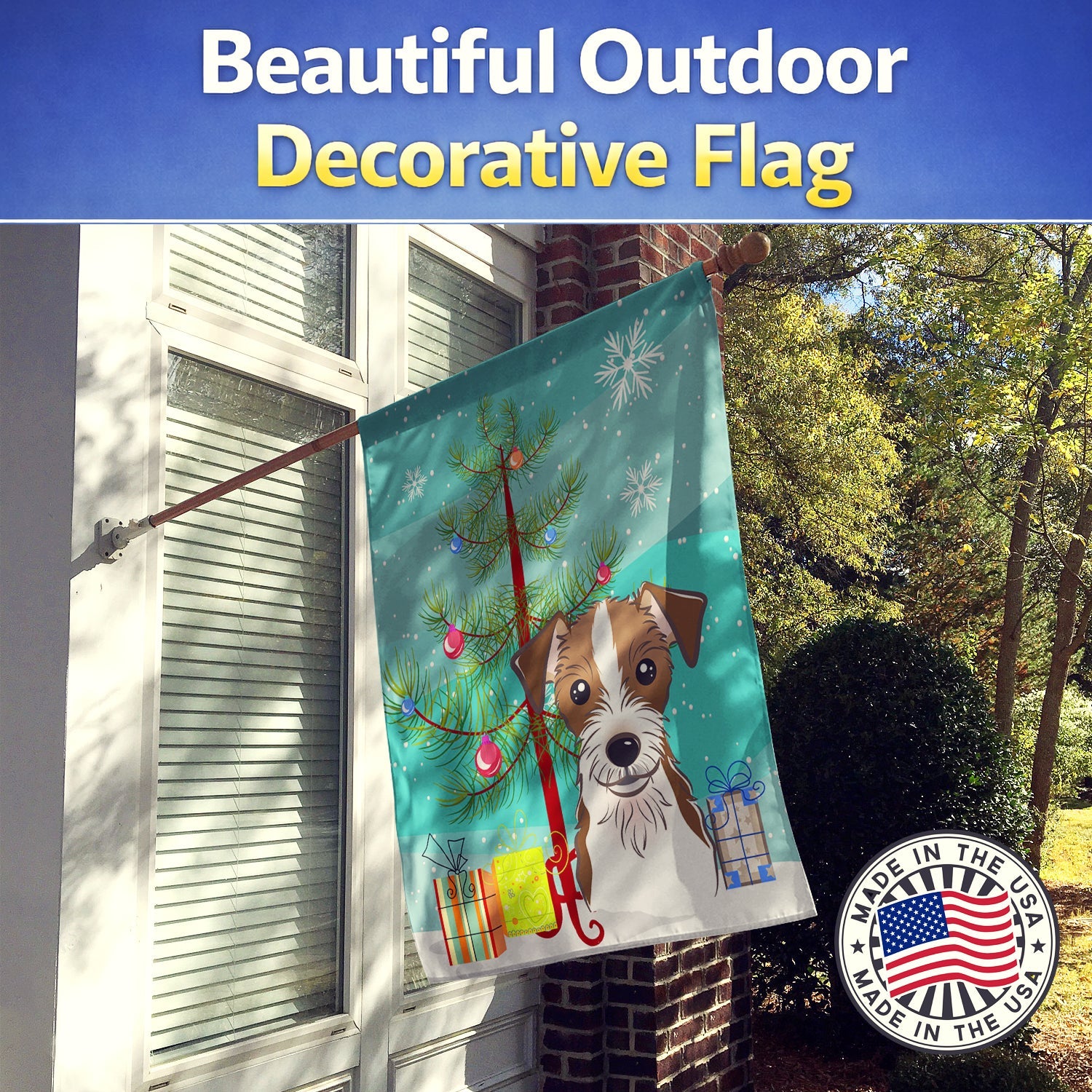 Christmas Tree and Jack Russell Terrier House Flag 28x40 Porch Sleeve Pole Decorative Outside Yard Banner Artwork Wall Hanging, Polyester