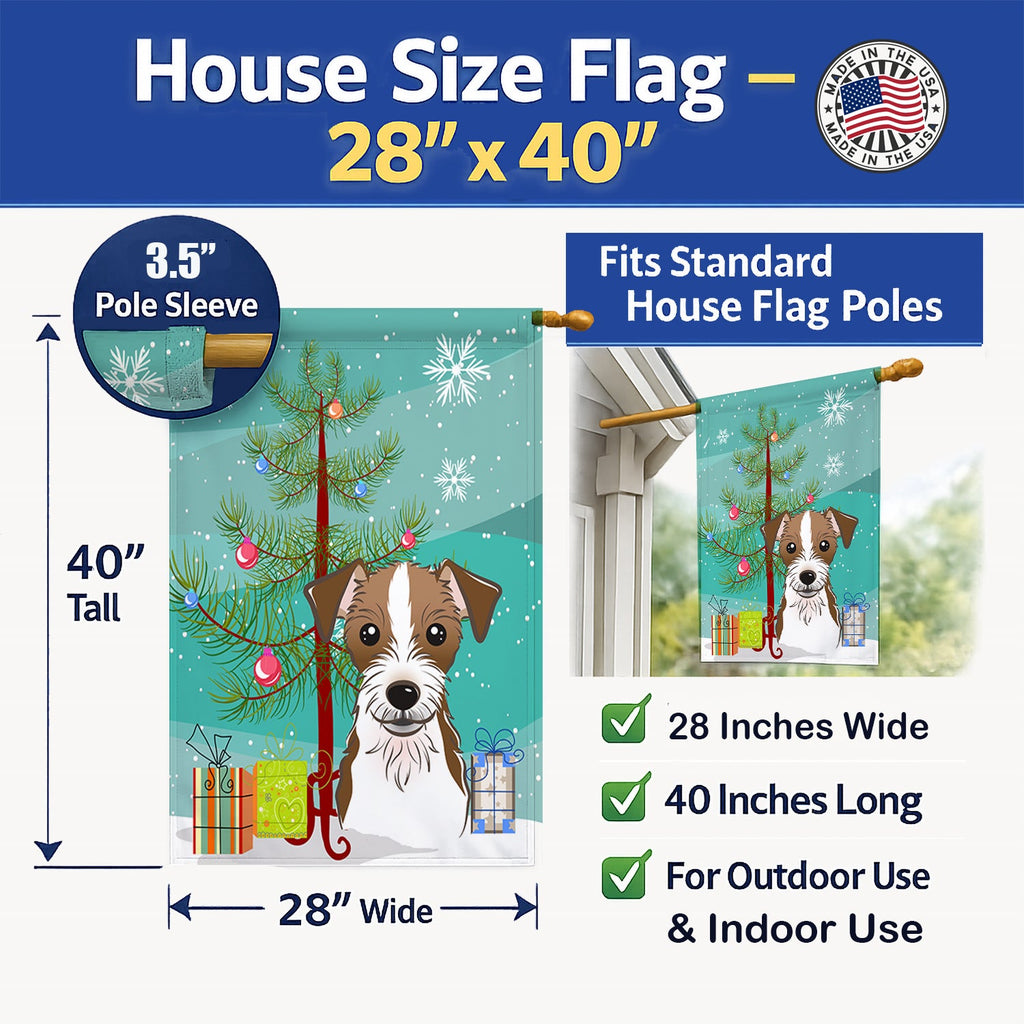 Christmas Tree and Jack Russell Terrier House Flag 28x40 Porch Sleeve Pole Decorative Outside Yard Banner Artwork Wall Hanging, Polyester