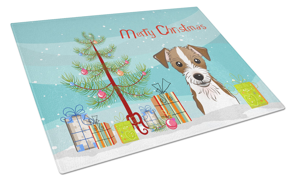 Christmas Tree and Jack Russell Terrier Cutting Board Tempered Glass Kitchen Cutting Surface, Heat Resistant Chopping, Non-Slip Feet, Food Prep & Serving