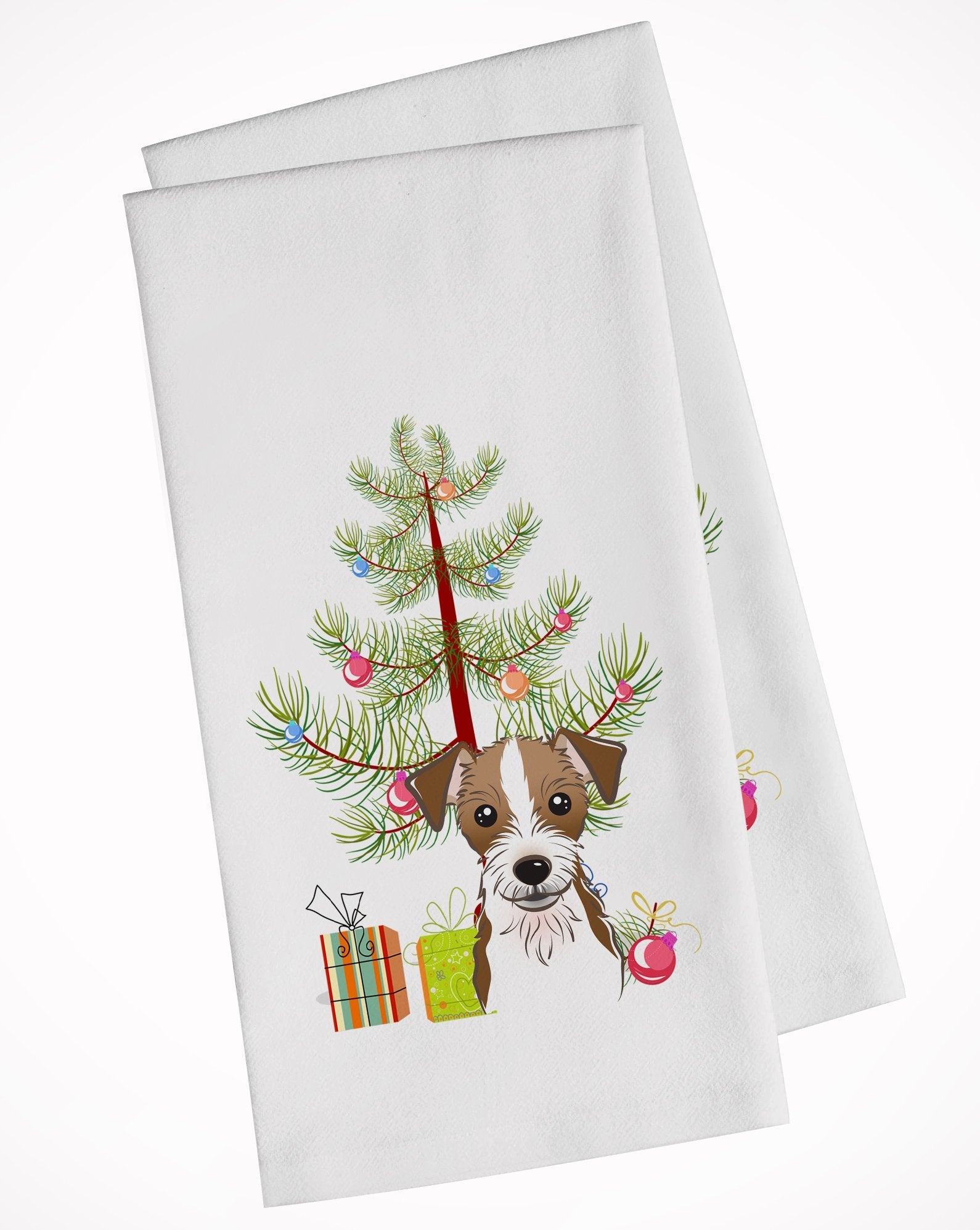 Christmas Tree and Jack Russell Terrier Kitchen Towel Set of 2 White Dish Towels Decorative Bathroom Hand towel for Hand, Face, Hair, Yoga, Tea, Dishcloth, 19 X 28", White
