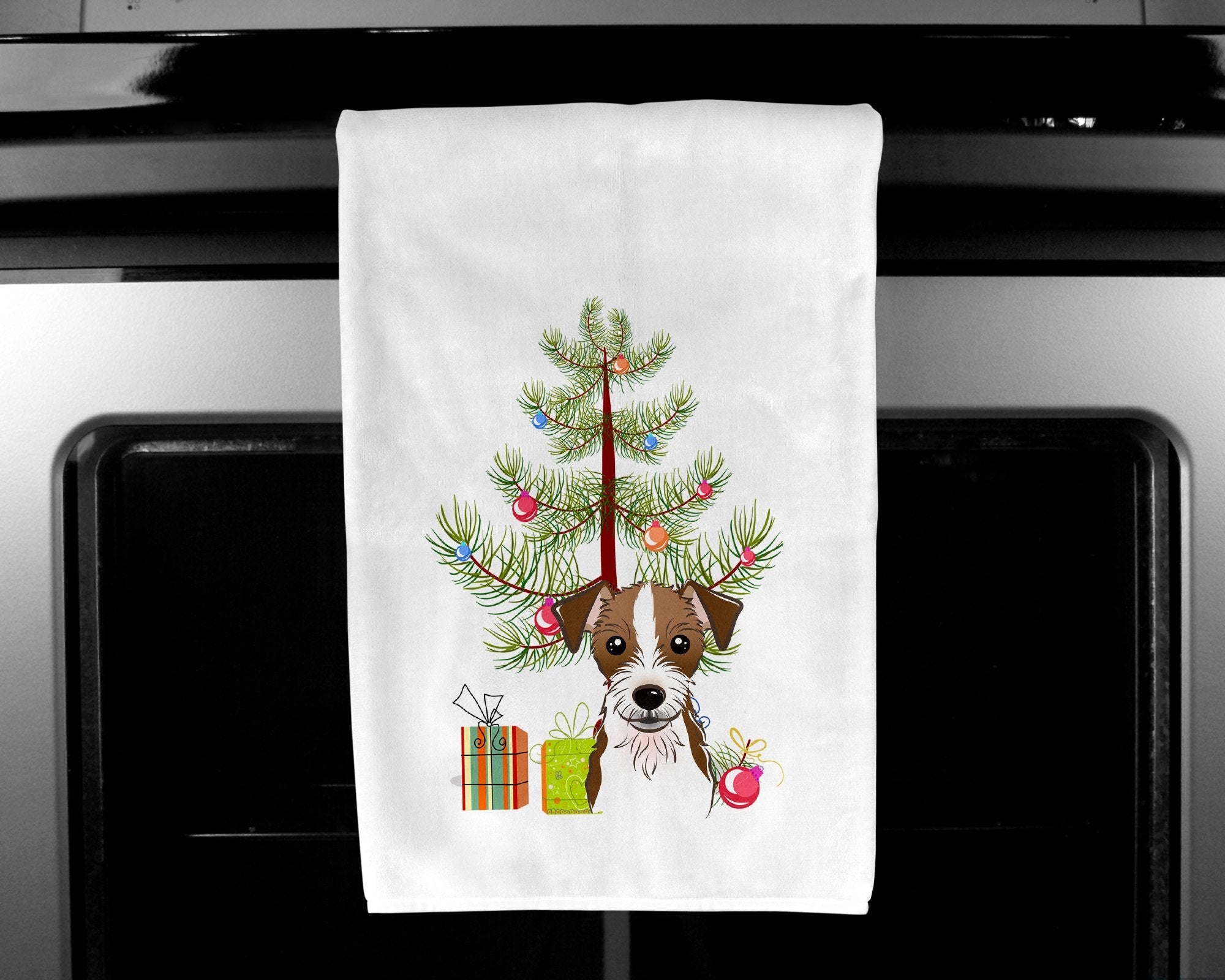 Christmas Tree and Jack Russell Terrier Kitchen Towel Set of 2 White Dish Towels Decorative Bathroom Hand towel for Hand, Face, Hair, Yoga, Tea, Dishcloth, 19 X 28", White