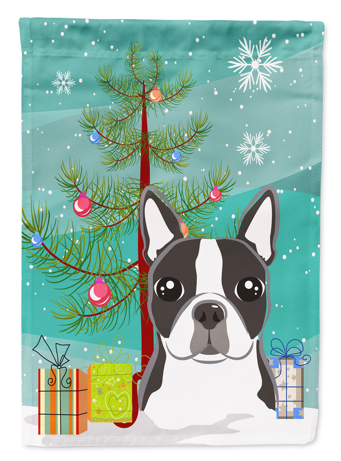 Christmas Tree and Boston Terrier House Flag 28x40 Porch Sleeve Pole Decorative Outside Yard Banner Artwork Wall Hanging, Polyester