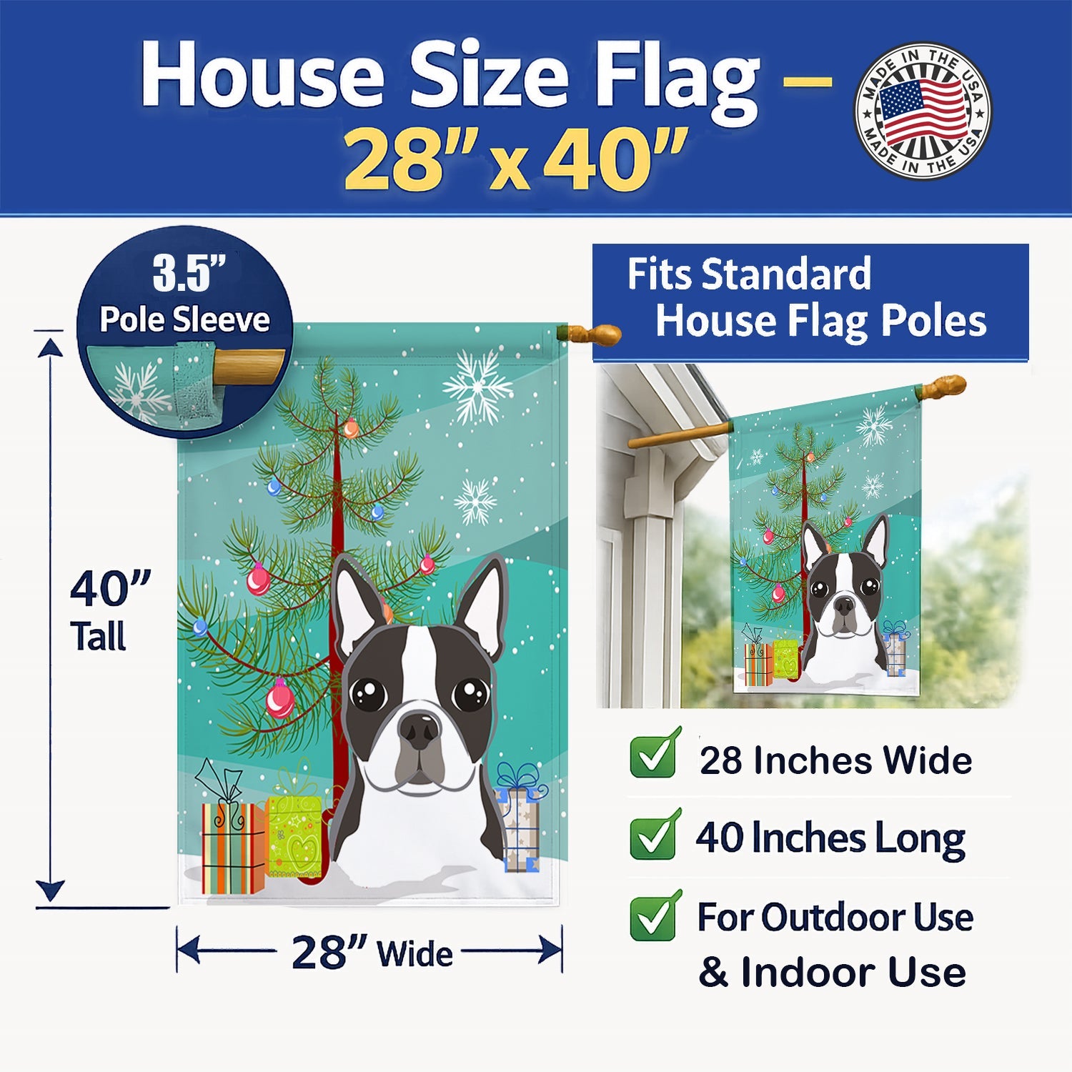 Christmas Tree and Boston Terrier House Flag 28x40 Porch Sleeve Pole Decorative Outside Yard Banner Artwork Wall Hanging, Polyester
