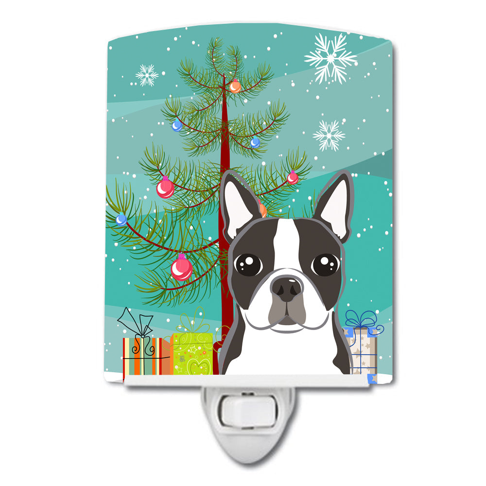 Christmas Tree and Boston Terrier Ceramic Night Light Compact, UL-Certified, Ideal for Bedroom, Bathroom, Nursery, Hallway, Kitchen, 6x4x3, Multicolor
