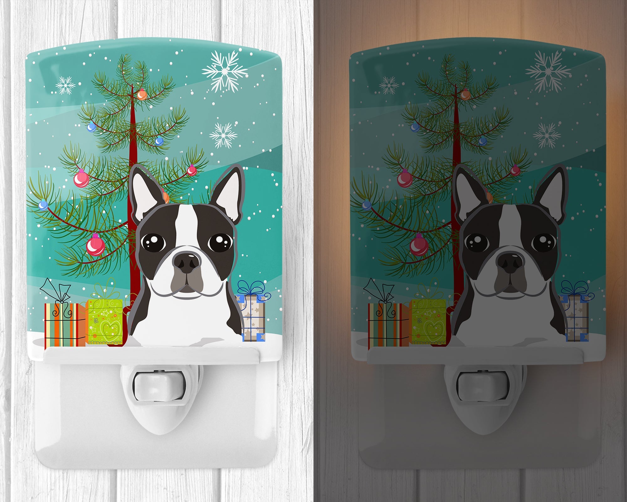 Christmas Tree and Boston Terrier Ceramic Night Light Compact, UL-Certified, Ideal for Bedroom, Bathroom, Nursery, Hallway, Kitchen, 6x4x3, Multicolor