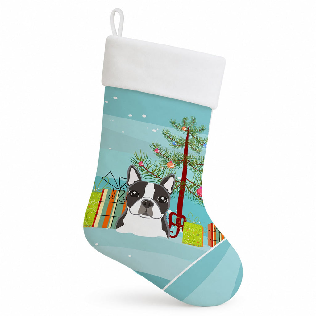 Christmas Tree and Boston Terrier Holiday Stocking Double-Sided Print, Polyester Suede,11x18, Made in USA