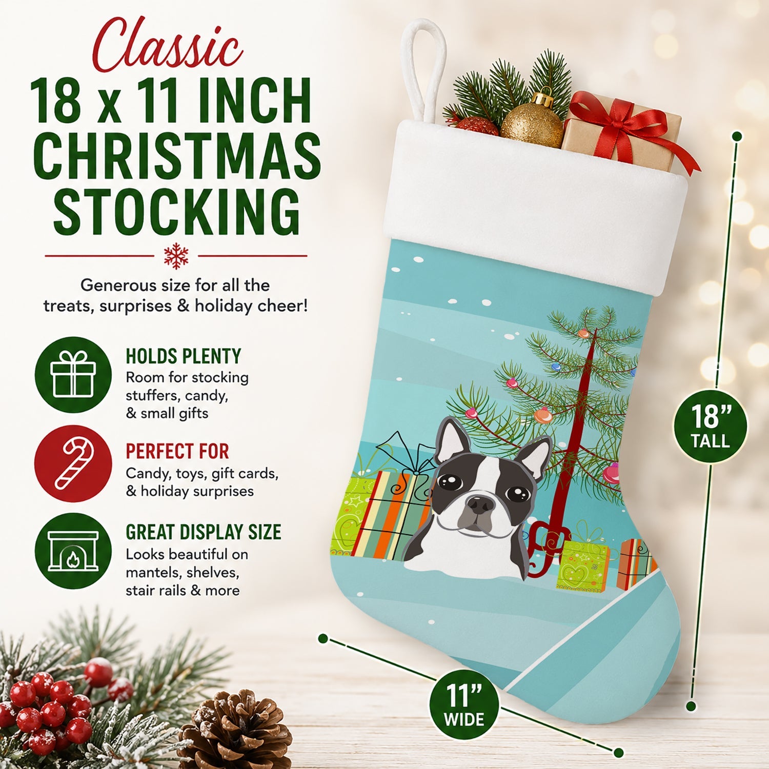 Christmas Tree and Boston Terrier Holiday Stocking Double-Sided Print, Polyester Suede,11x18, Made in USA