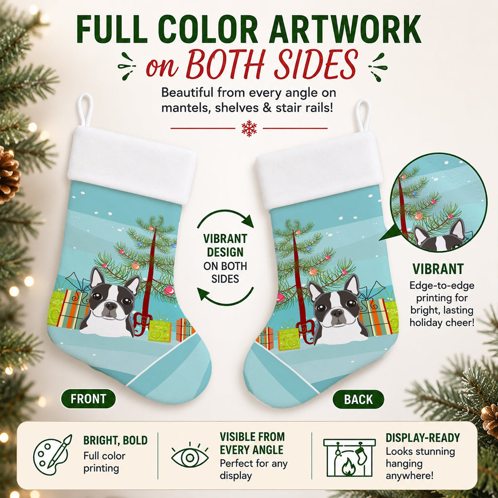 Christmas Tree and Boston Terrier Holiday Stocking Double-Sided Print, Polyester Suede,11x18, Made in USA
