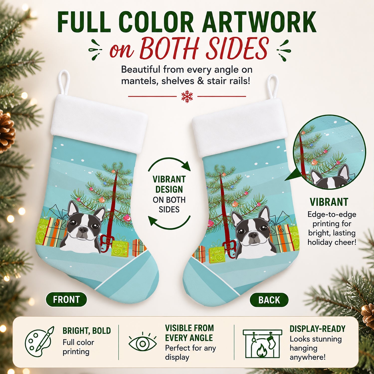 Christmas Tree and Boston Terrier Holiday Stocking Double-Sided Print, Polyester Suede,11x18, Made in USA