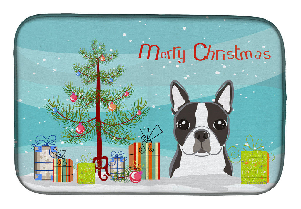 Christmas Tree and Boston Terrier Dish Drying Mat Absorbent Dish Drying Mat Pad for Kitchen Counter Dish Drainer Mat for Countertop, 14 x 21", Multicolor